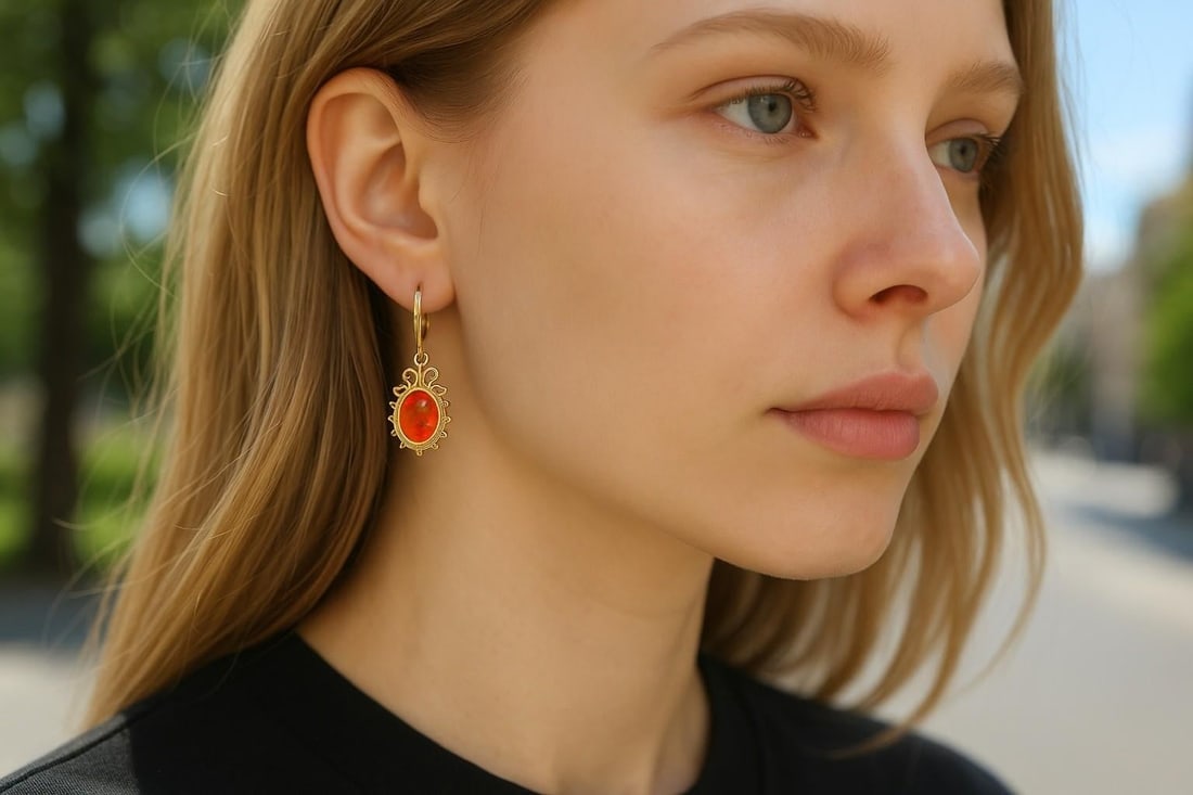 Vintage 14 Karat Yellow Gold Coral Lever Back 1.25 Inch Long Drop Earrings - 2 Pieces - 4