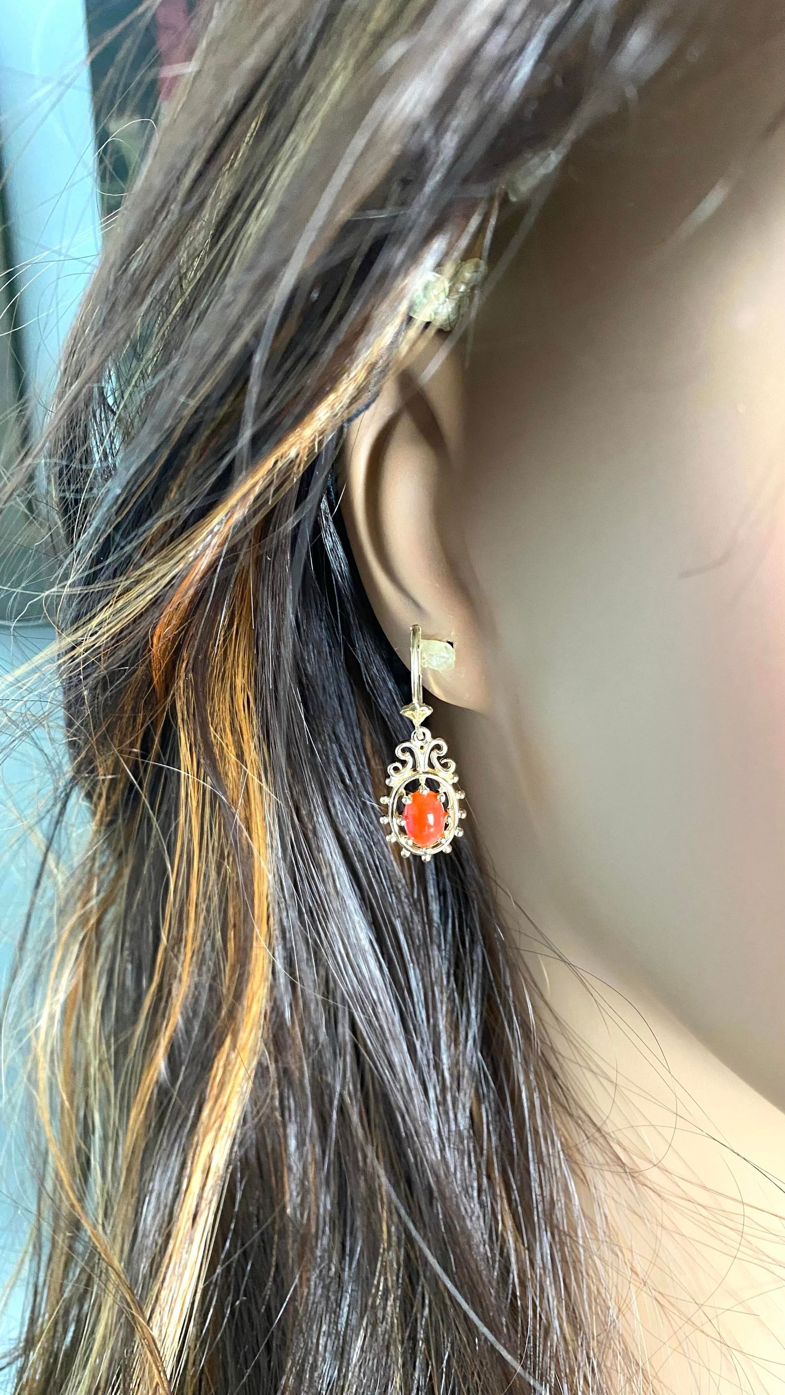 Vintage 14 Karat Yellow Gold Coral Lever Back 1.25 Inch Long Drop Earrings - 2 Pieces - 5