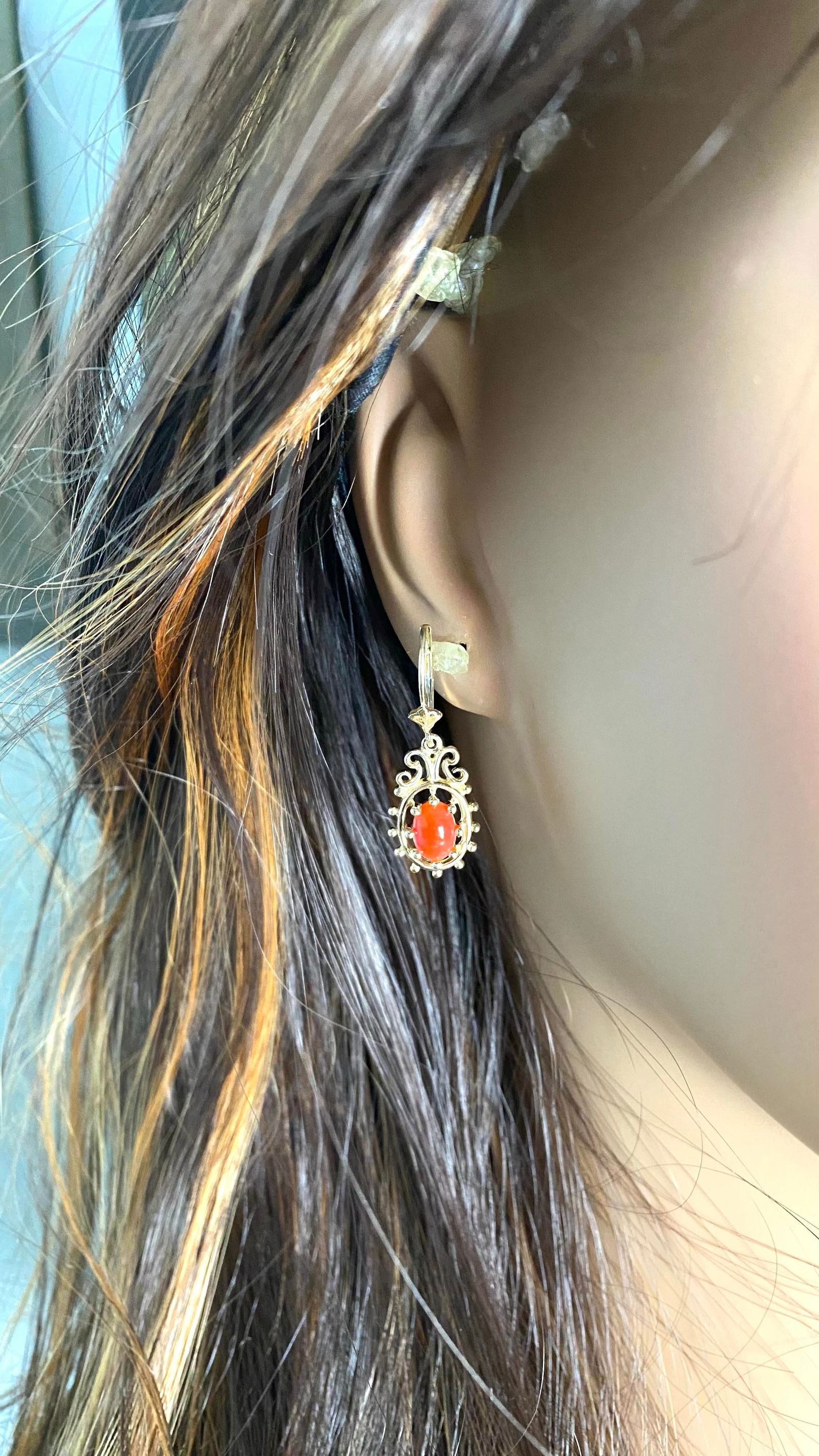 Vintage 14 Karat Yellow Gold Coral Lever Back 1.25 Inch Long Drop Earrings - 2 Pieces - 6