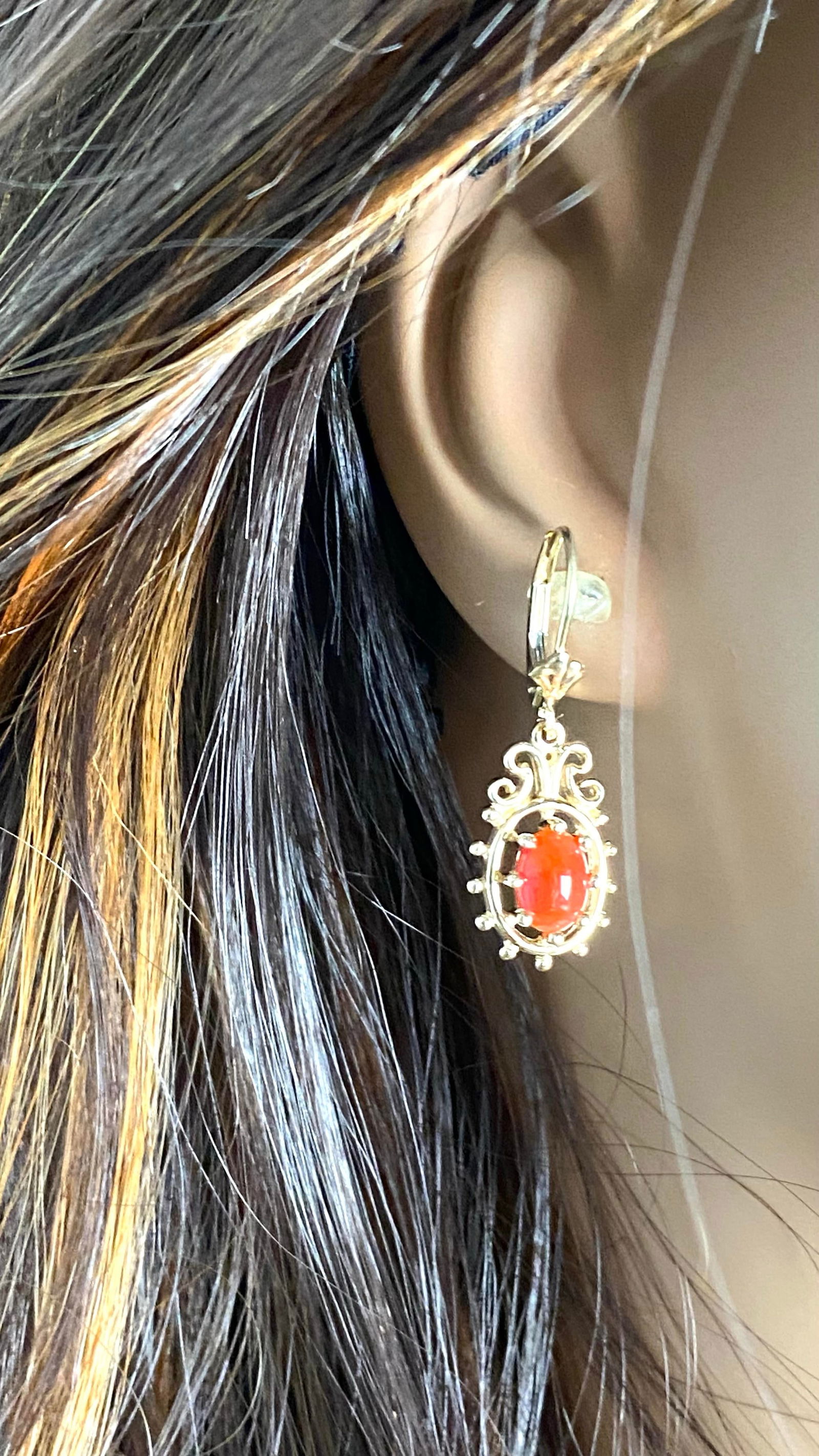 Vintage 14 Karat Yellow Gold Coral Lever Back 1.25 Inch Long Drop Earrings - 2 Pieces - 9