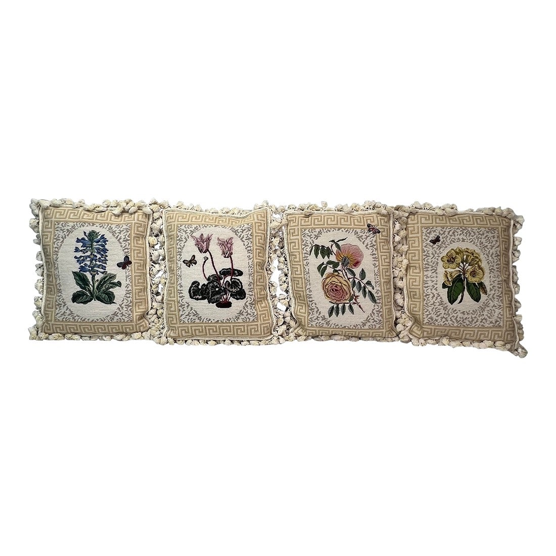 Vintage Needlepoint Petite Point Botanical Greek Key Border Floral Center Tassel Trim Down Filled Pi: Set of 4 botanical coordinating design needlepoint pillows all bordered in Greek key with down filler and finished with zippered velvet backs. Surround is needlepoint center designs are petite