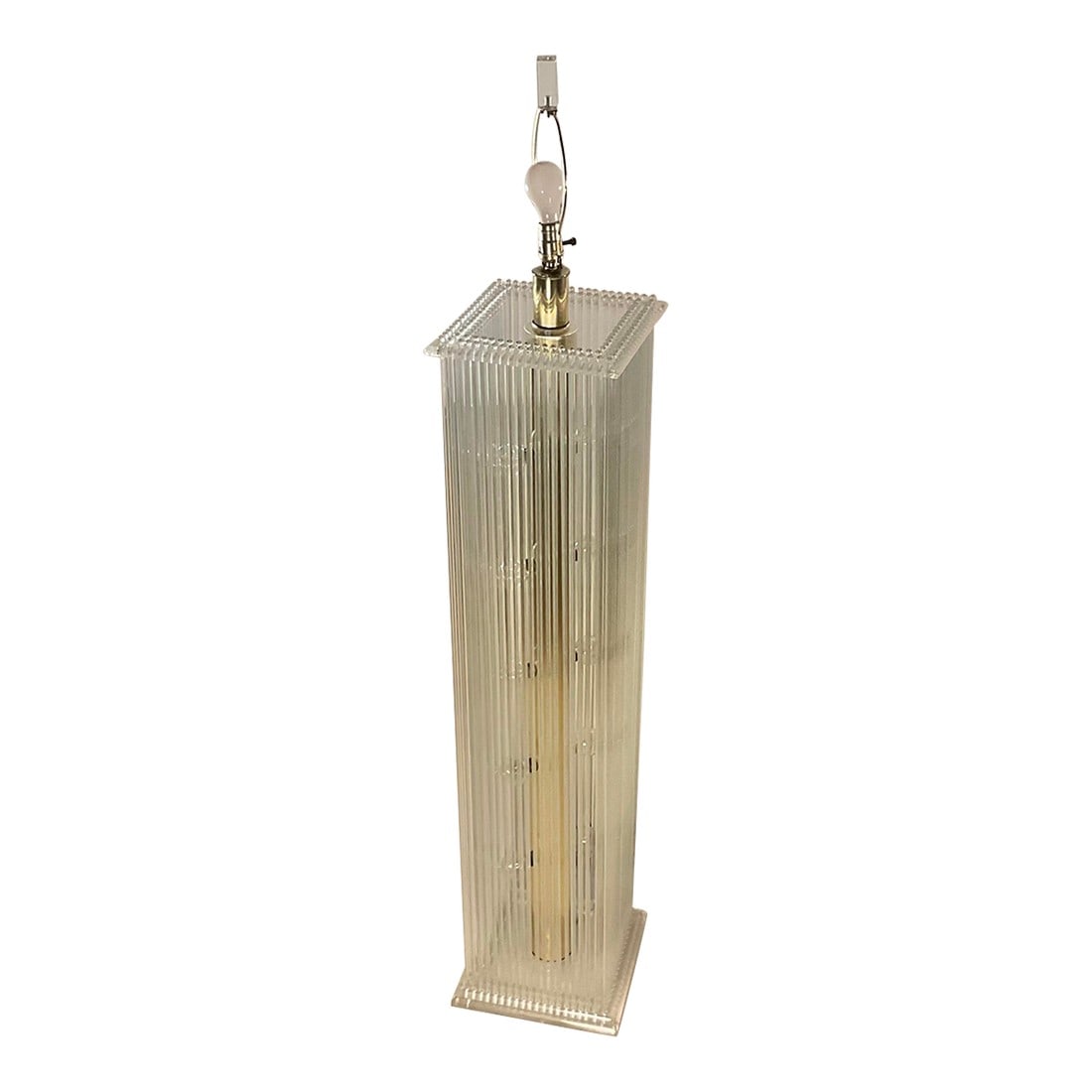 Mid-Century Lucite and Glass Rod Monumental Floor Lamp Attributed to Gaetano Sciolari, Circa 1970: Gorgeous extra large tall floor Lamp made of brass center column with 10 bulbs, surrounded by double row of 140 glass rods with Lucite base and top. Has 3-way lighting system, just the base, the top