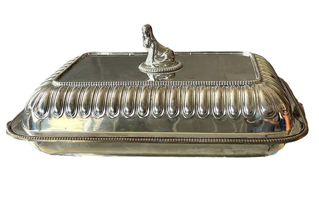 Antique Egyptian Revival Hotel Silver Mappin & Webb Covered Entree Vegetable Dish: Antique Egyptian Revival, hotel sliver rectangular covered entrée dish featuring an ornate sphinx figure as the handle. Ornate scallop and beaded detail round the rim. Beautifully made and in
