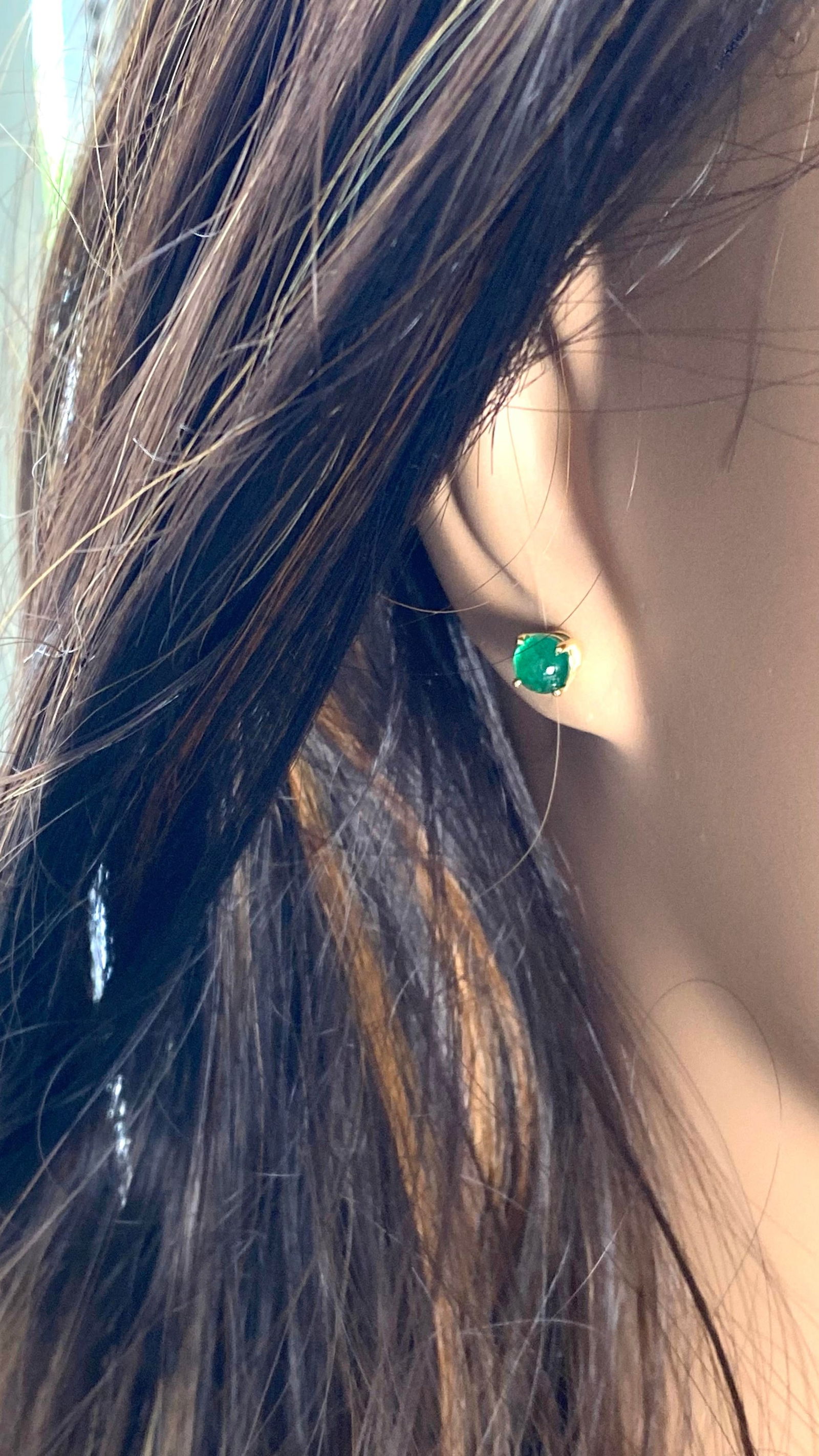 14 Karat Yellow Gold Matched Pair of Round Cabochon Emerald 0.21 Inch Earrings - 2 Pieces - 10