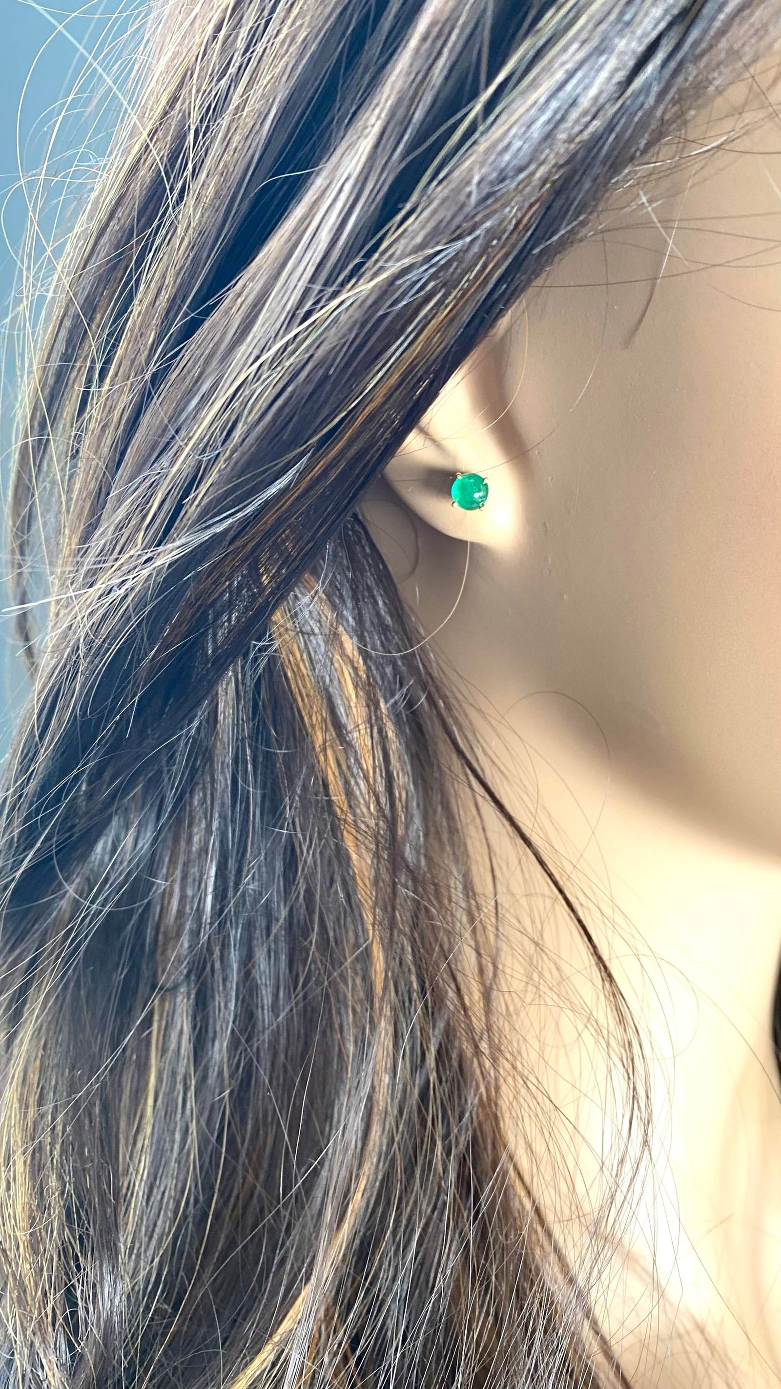 14 Karat Yellow Gold Matched Pair of Round Cabochon Emerald 0.21 Inch Earrings - 2 Pieces - 11