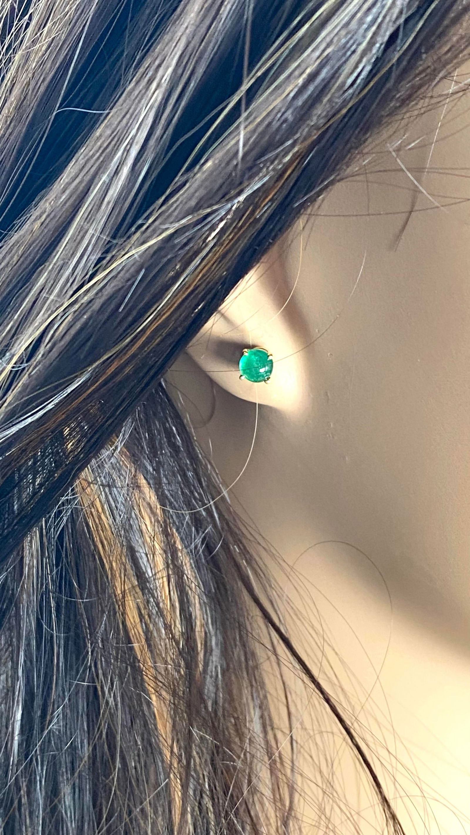 14 Karat Yellow Gold Matched Pair of Round Cabochon Emerald 0.21 Inch Earrings - 2 Pieces - 2