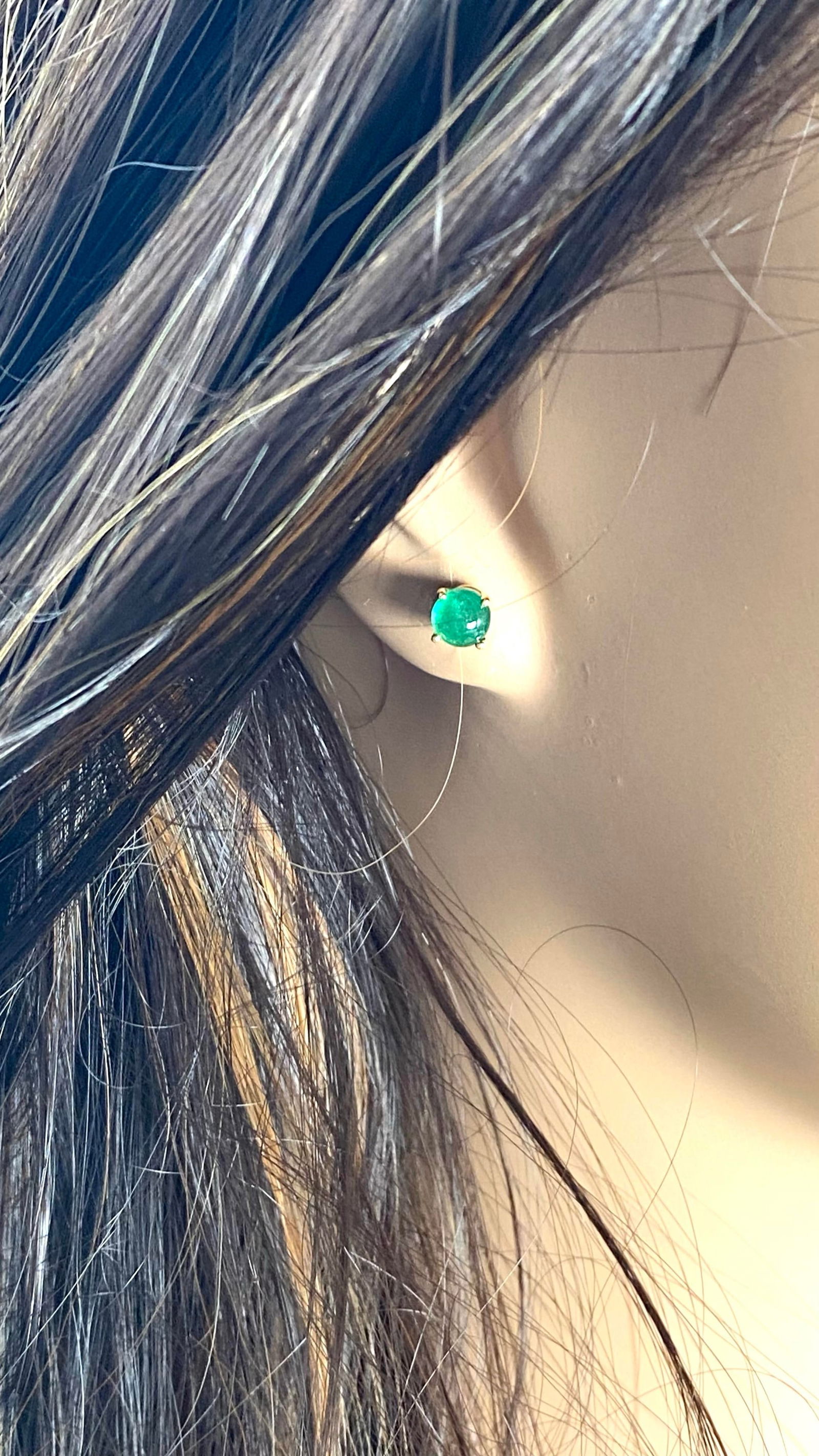 14 Karat Yellow Gold Matched Pair of Round Cabochon Emerald 0.21 Inch Earrings - 2 Pieces - 5