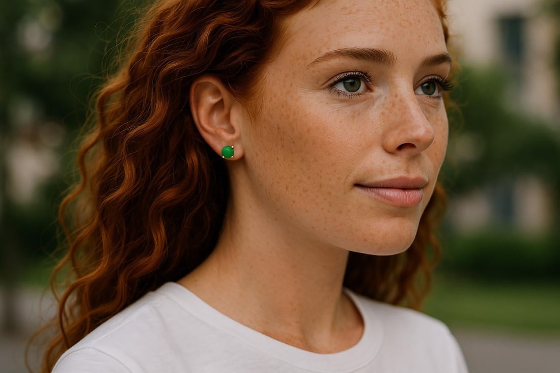 14 Karat Yellow Gold Matched Pair of Round Cabochon Emerald 0.21 Inch Earrings - 2 Pieces - 6