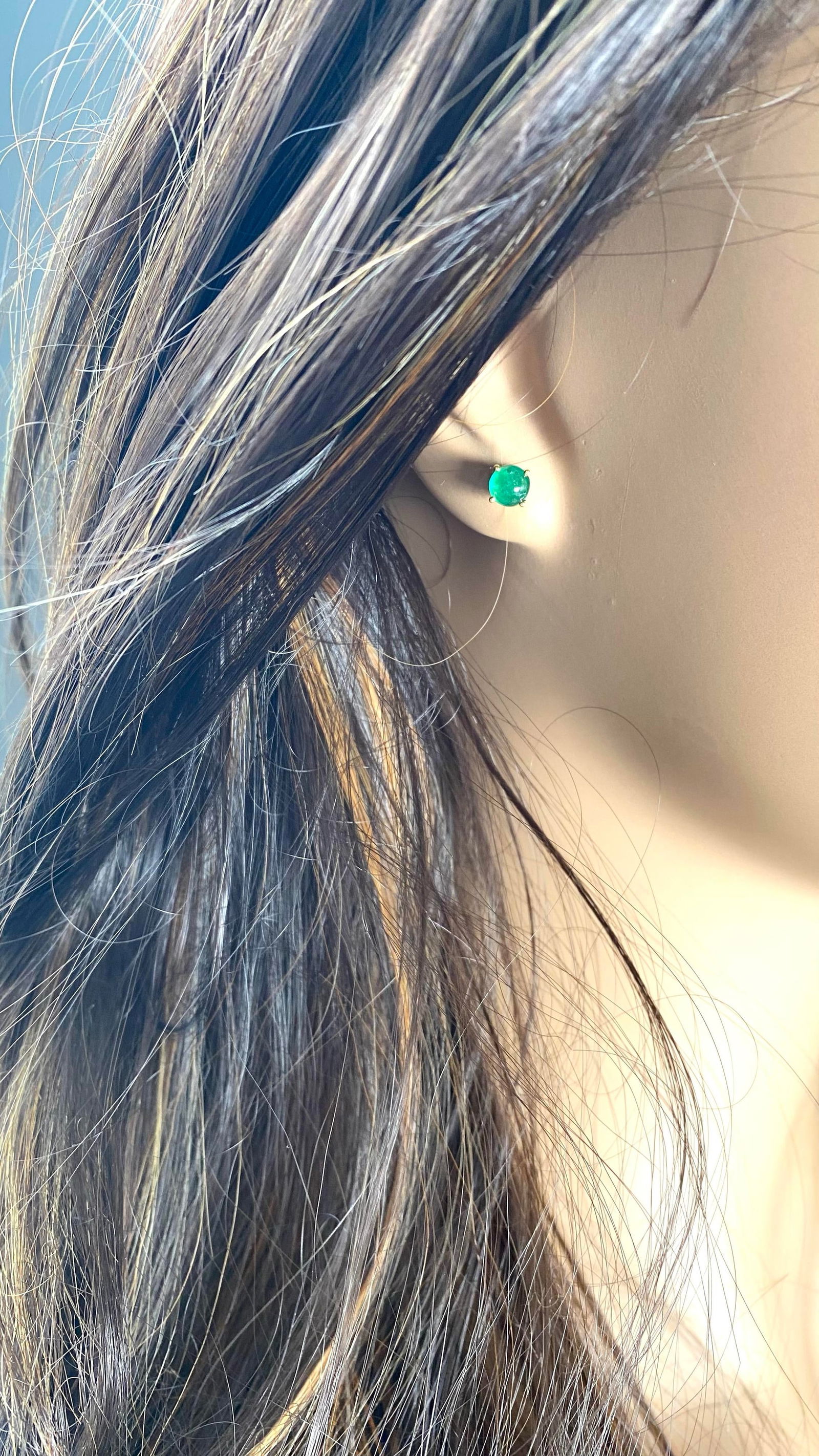 14 Karat Yellow Gold Matched Pair of Round Cabochon Emerald 0.21 Inch Earrings - 2 Pieces - 7