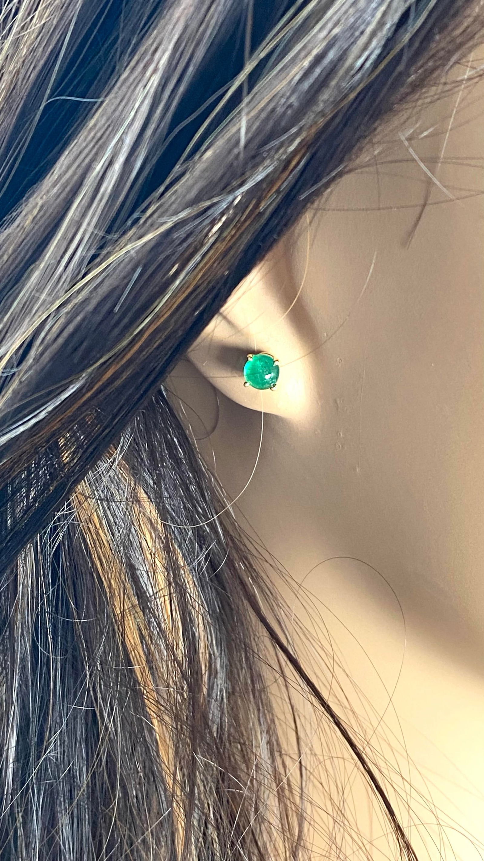 14 Karat Yellow Gold Matched Pair of Round Cabochon Emerald 0.21 Inch Earrings - 2 Pieces - 8