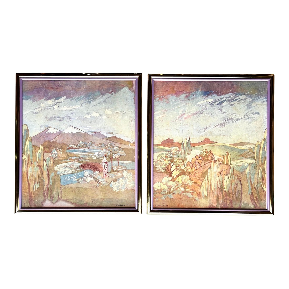 1970s Original Signed J. Wehmeyer Batik Landscape Paintings, Framed - Set of 2: Original Signed J. Wehmeyer Batik Landscape Paintings, Framed. One landscape feature three snowy peaks with a Geisha walking over a bridge in the foreground. One landscape features floral and trees