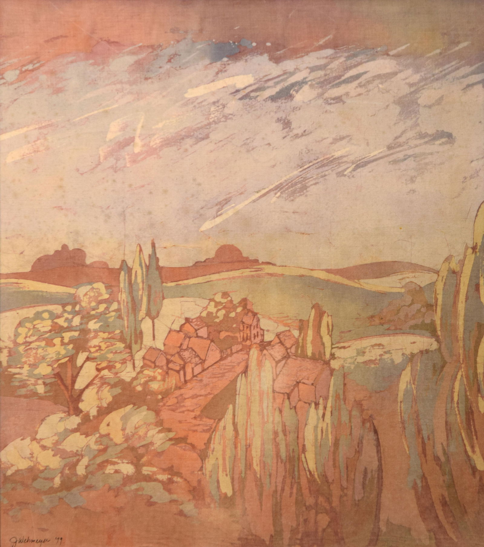 1970s Original Signed J. Wehmeyer Batik Landscape Paintings, Framed - Set of 2 - 7