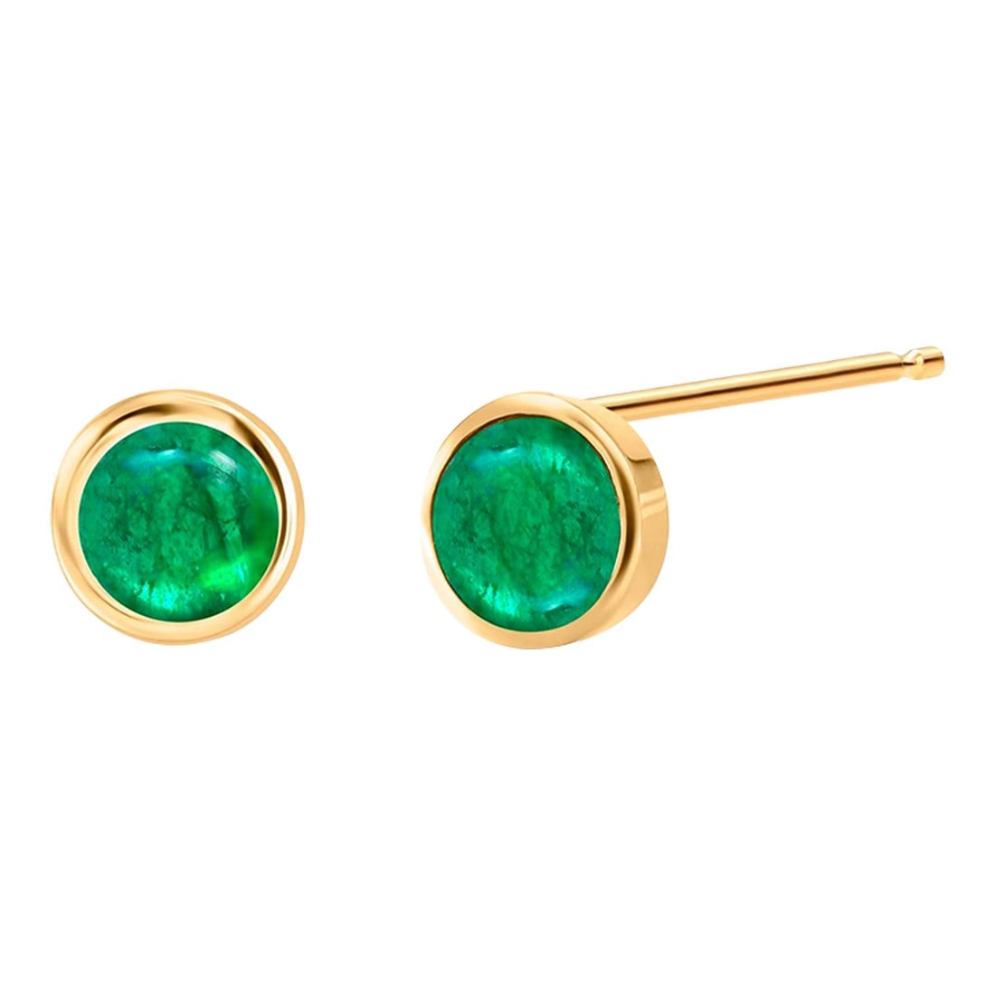 Matched Cabochon Emerald 1.15 Carat Bezel Set 14 Karat Yellow Gold Earrings - 2 Pieces: Introducing our exquisite Matched Cabochon Emerald 1.15Carat Bezel Set Yellow Gold 0.25 Inch Earrings – a stunning addition to your jewelry collection that exudes elegance and sophistication.