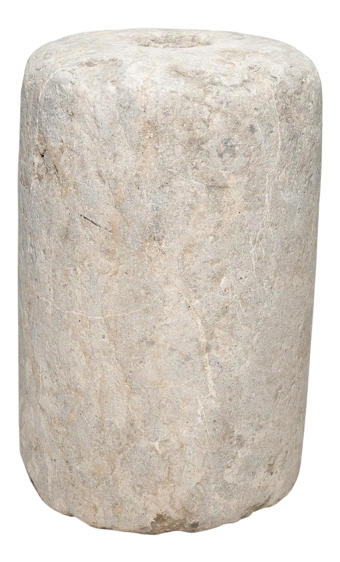 Chinese Threshing Stone Drum, C. 1800: This low stone pedestal is an early 19th-century mill stone or roller stone, used for threshing grain on a farm in China's Shanxi province. The heavy stone would have been would have been pulled