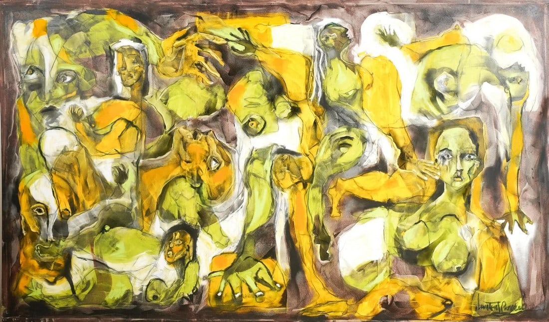 Large 84" Original Signed "Yoga Time" Painting by Laurent Proneur: Original Signed "Yoga Time" by Laurent Proneur. Oil Painting on canvas created in 2021. Signed by artist on front lower right. Dimensions Height: 50" H x 84" W x 2" D Weight: 4.0 lbs Acquired at