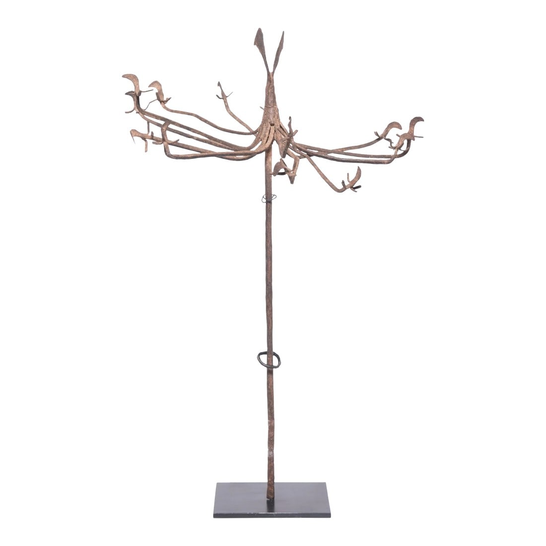 Antique Yoruba Osanyin Healing Staff: To cure mental and physical ailments, Yoruba priests and diviners invoke the aid of Osanyin, the god of herbal medicines. Used in divination rituals to cure the afflicted, this iron staff is crowned