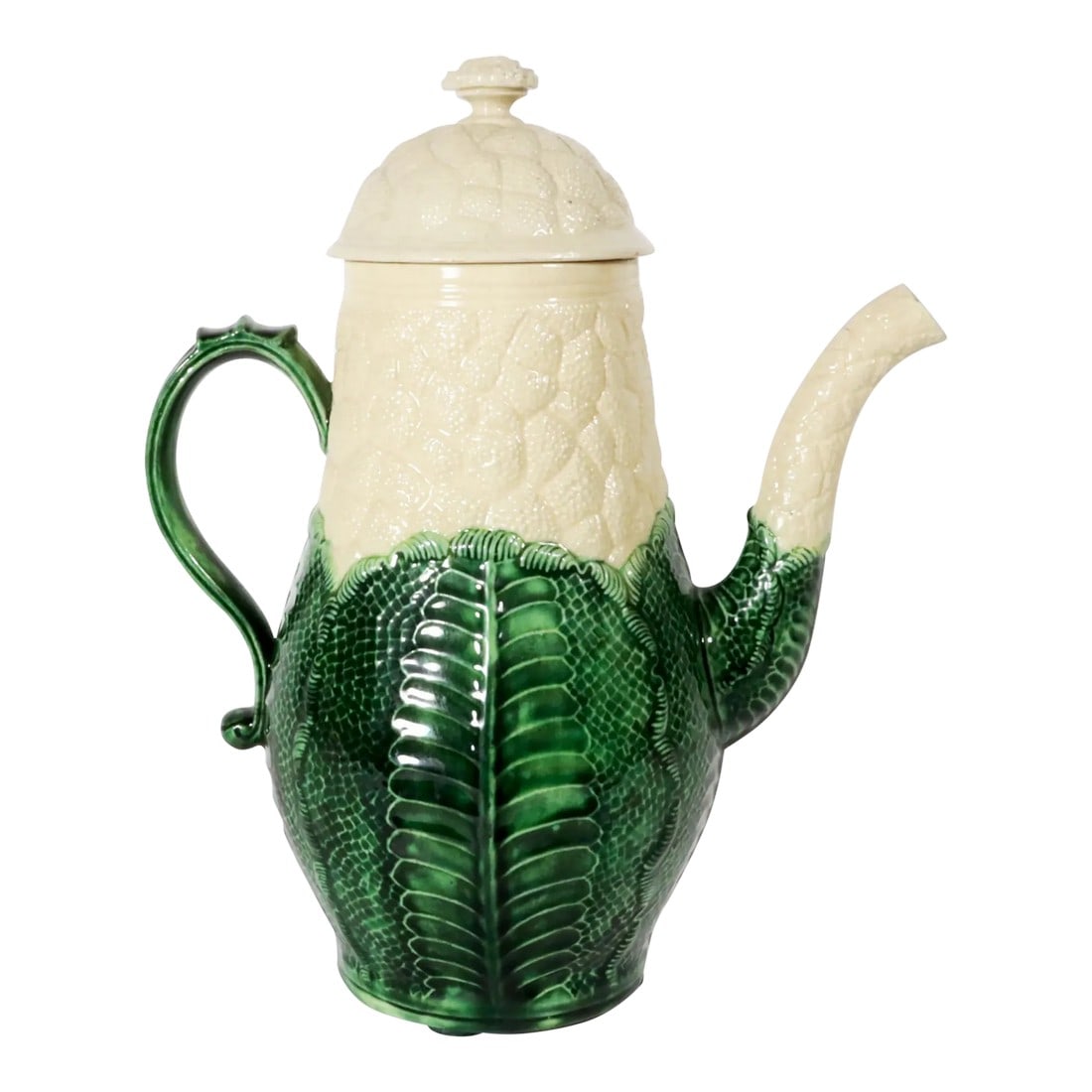 English Staffordshire Creamware Pottery Cauliflower Coffee Pot and Cover: English Creamware Pottery Cauliflower Coffee Pot and Cover, Staffordshire, Circa 1760-70 The lead-glazed earthenware creamware "cauliflower" coffeepot and over has a pear-shaped body molded around the