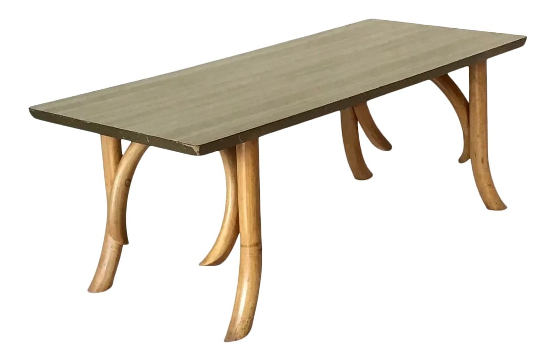 Vintage Mid Century Rattan Bamboo Bentwood Cocktail Table: Wonderful 1950's light rattan, rectangular cocktail table with blonde laminate top. Top does have a few chips and some scuffs on the sides, hardly noticeable. Otherwise this table is structurally