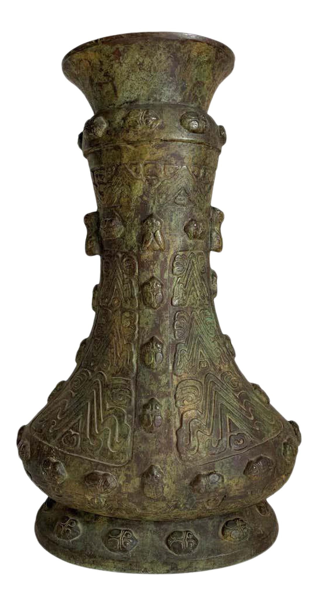 Chinese Achaistic Late Shang Dynasty Inlaid Bronze Gu Vessel: About Of Classic vessel form, with an oval, splayed foot, narrow, waisted body and wide, flaring mouth. Very heavy and archaist vessel with lucky beetles around the sides. Details OF THE PERIOD Archai