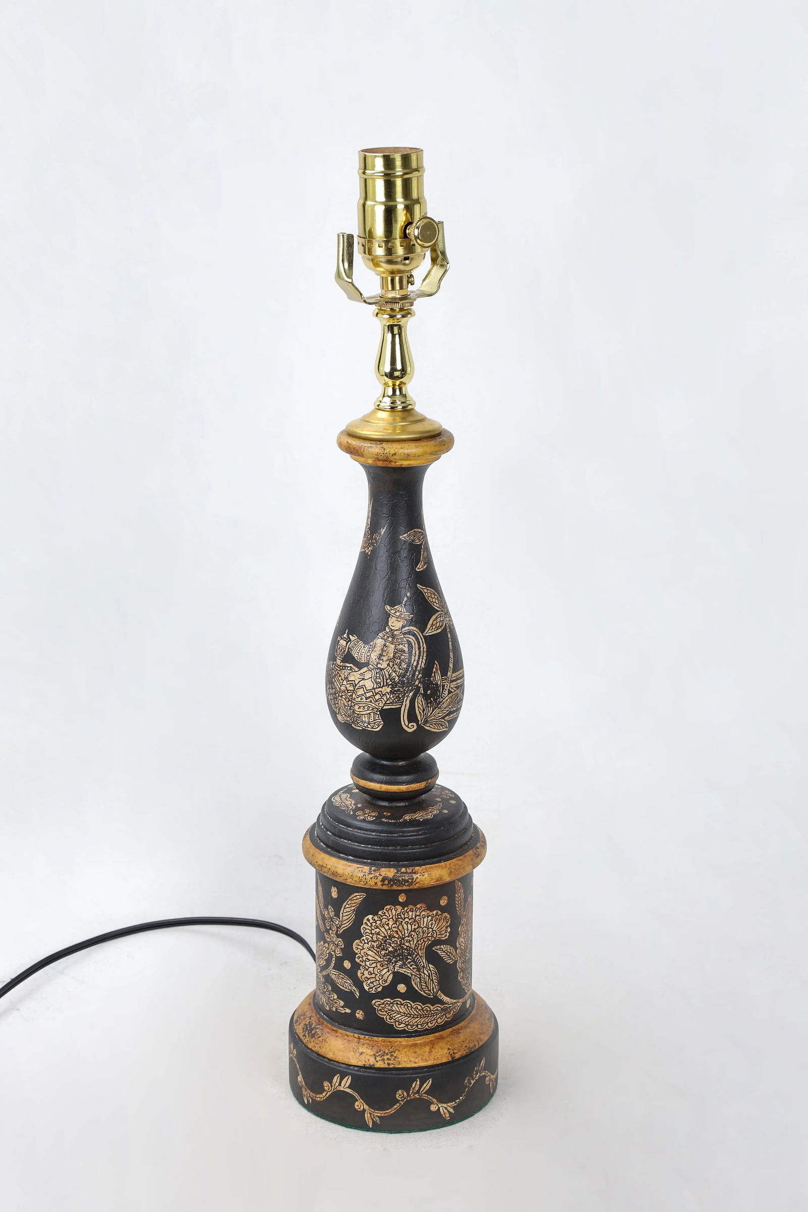 Vintage Black and Gold Chinoiserie Hand Painted Lamp - 2