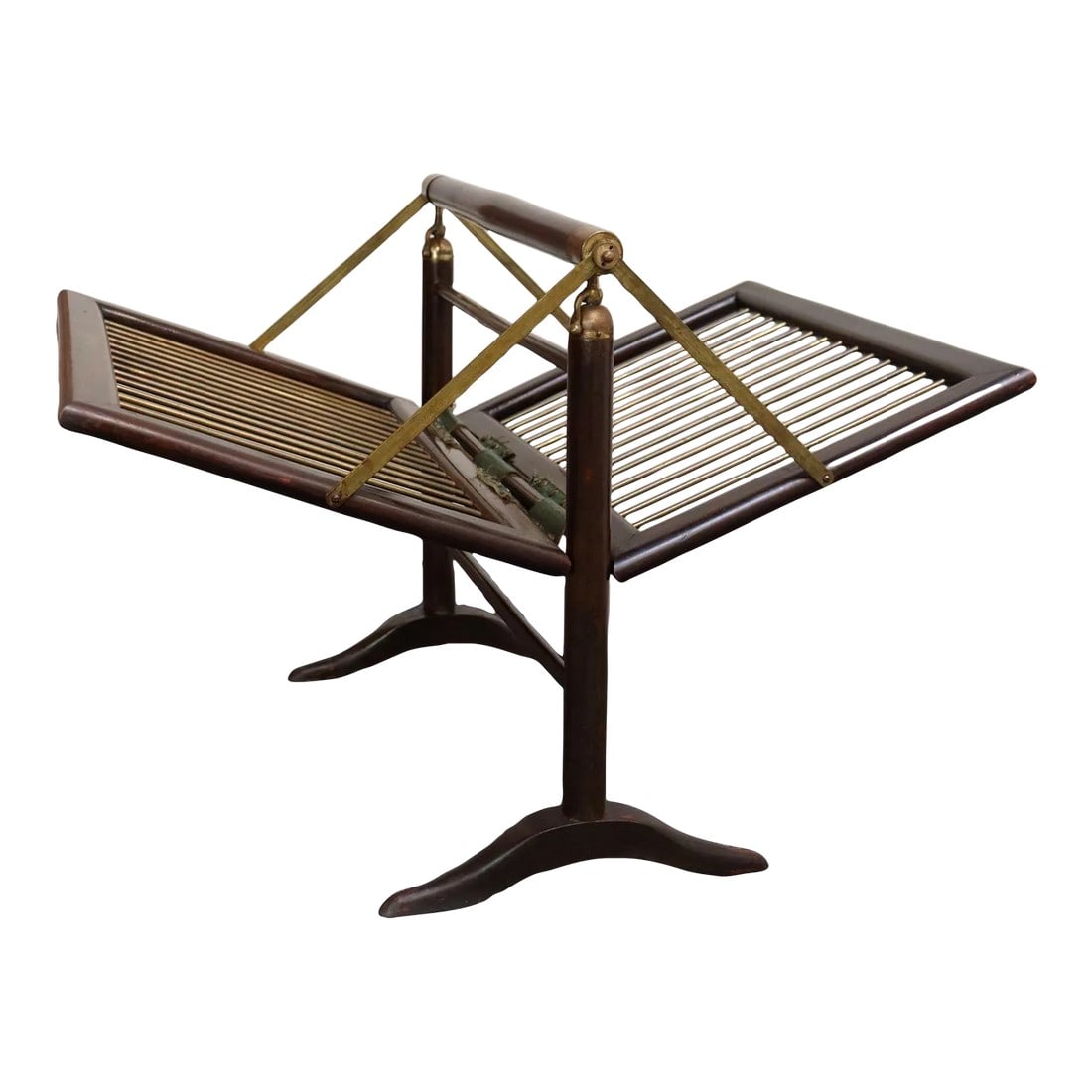 Vintage Italian Mahogany and Brass Collapsible Magazine Rack by Cesare Lacca: Handsome collapsible/foldable magazine rack attributed to Cesare Lacca (ca. 1950s, Italy). (This piece has also been attributed to Ico Parisi by Capitolium Art in Italy (auction 257, lot 475), however