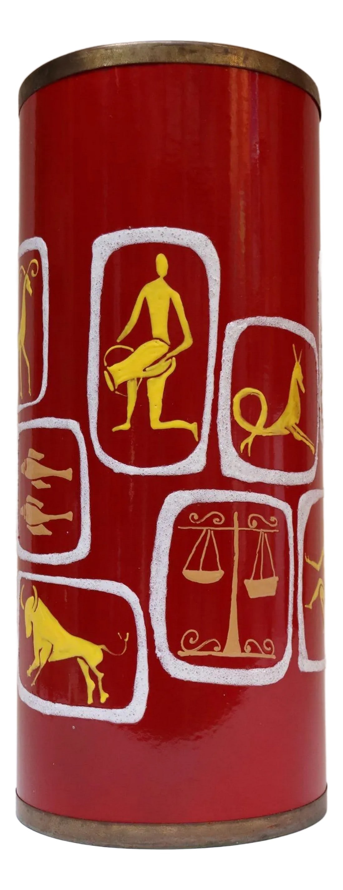 Italian Modernist "Zodiac" Red Umbrella Stand in Enamel and Brass by Siva: Giuseppe Calonaci, b. 1931 Poggibonsi (Sienna) Italy, founded S.I.V.A. in 1955, an arts laboratory focused the creation of enamel on steel/metal art and sculptural objects. This umbrella stand/wasteba