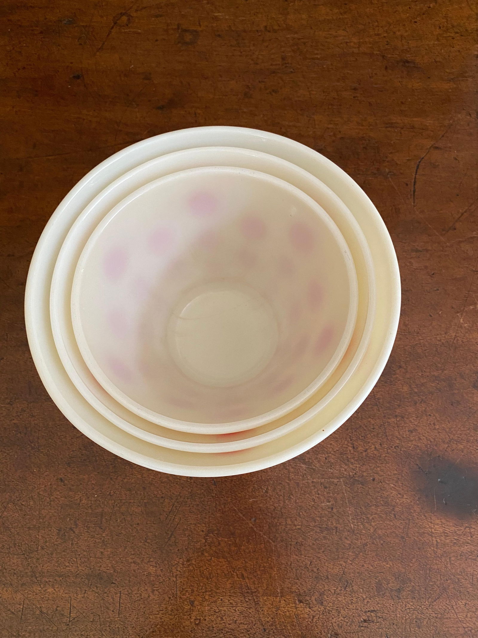 Set of 3 Mid Century Pyrex Glass Bowls, Fire King Brand- Red Dot decor - 10