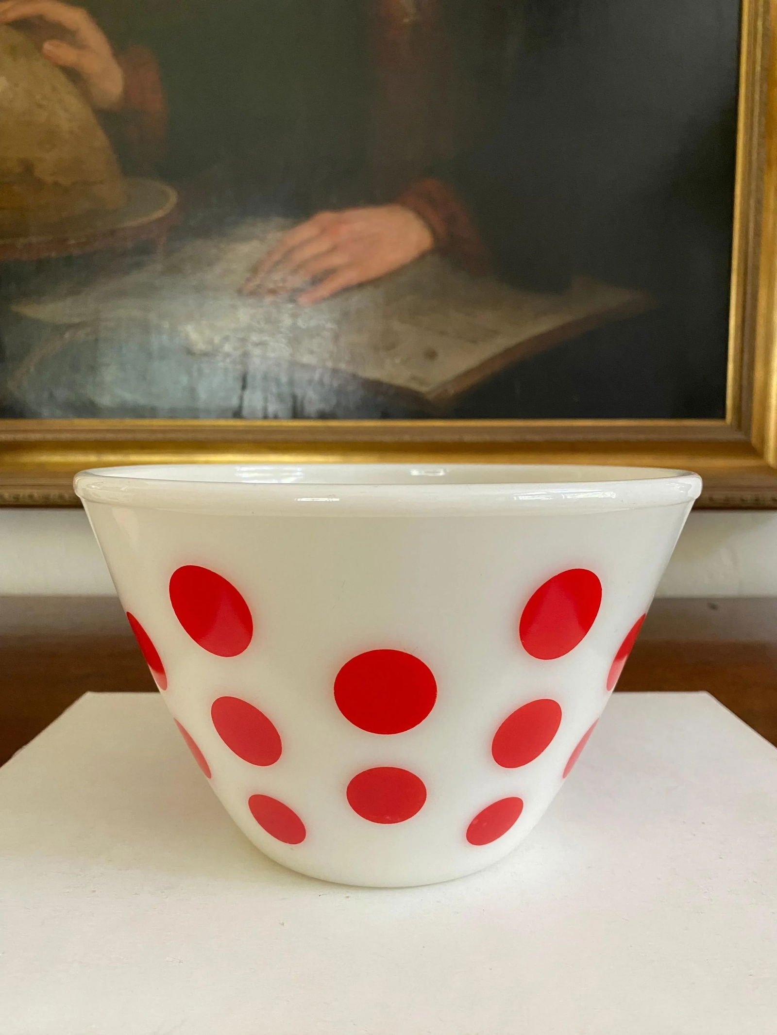 Set of 3 Mid Century Pyrex Glass Bowls, Fire King Brand- Red Dot decor - 11