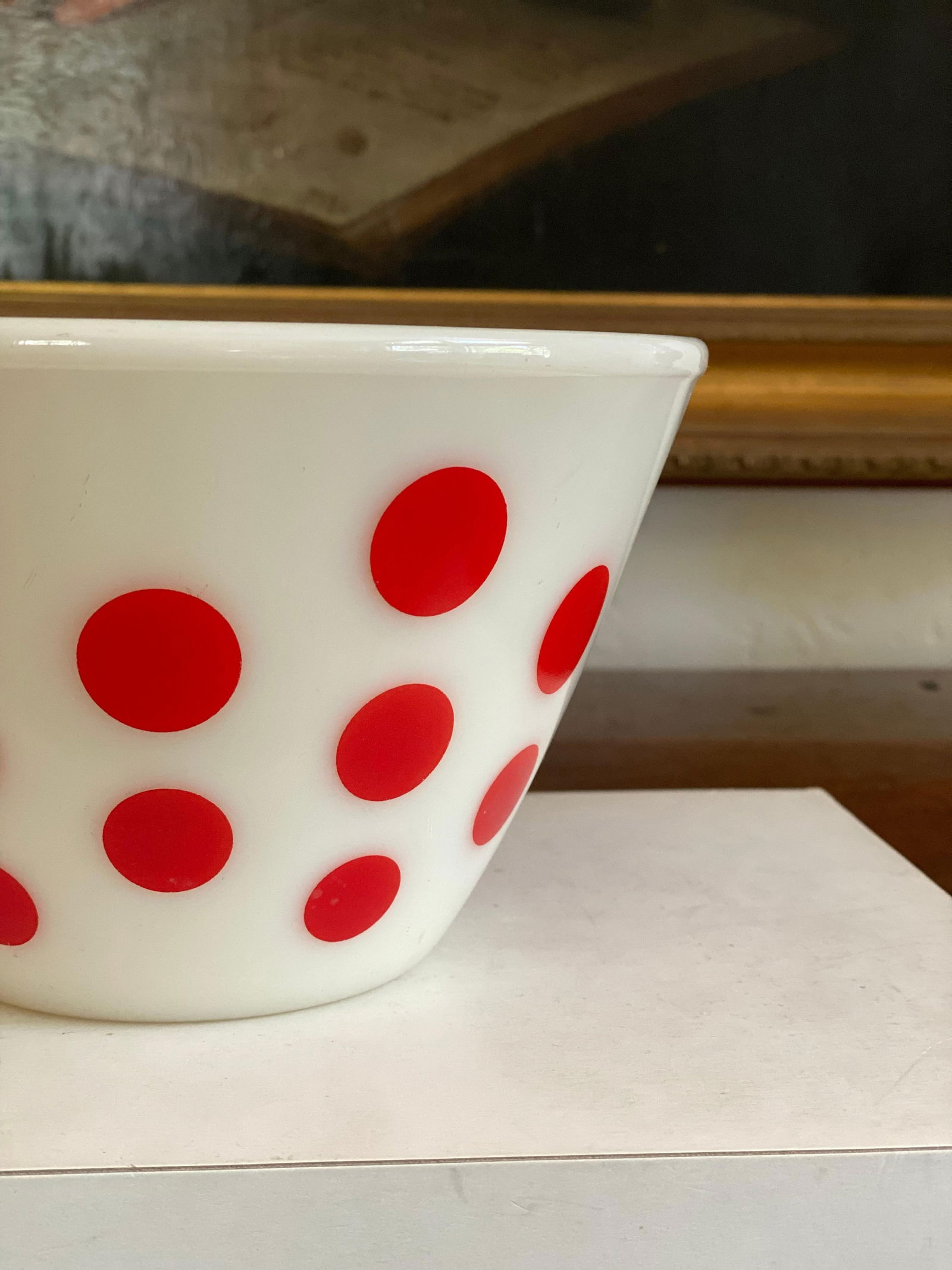 Set of 3 Mid Century Pyrex Glass Bowls, Fire King Brand- Red Dot decor - 12