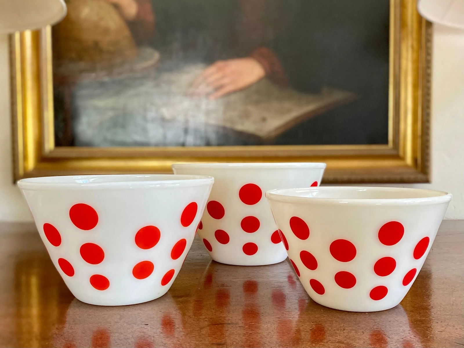 Set of 3 Mid Century Pyrex Glass Bowls, Fire King Brand- Red Dot decor - 5