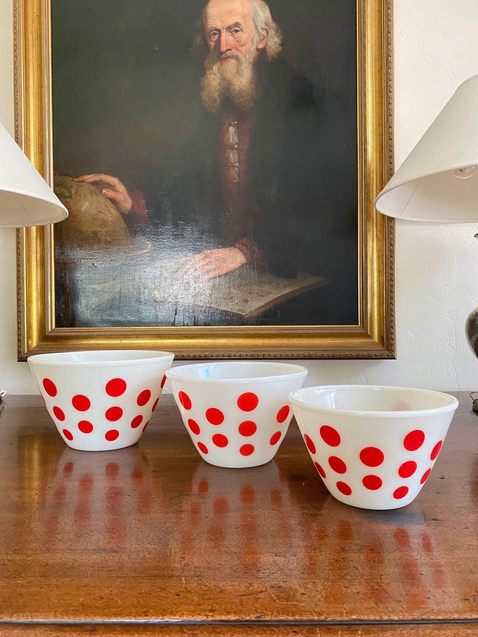 Set of 3 Mid Century Pyrex Glass Bowls, Fire King Brand- Red Dot decor - 6