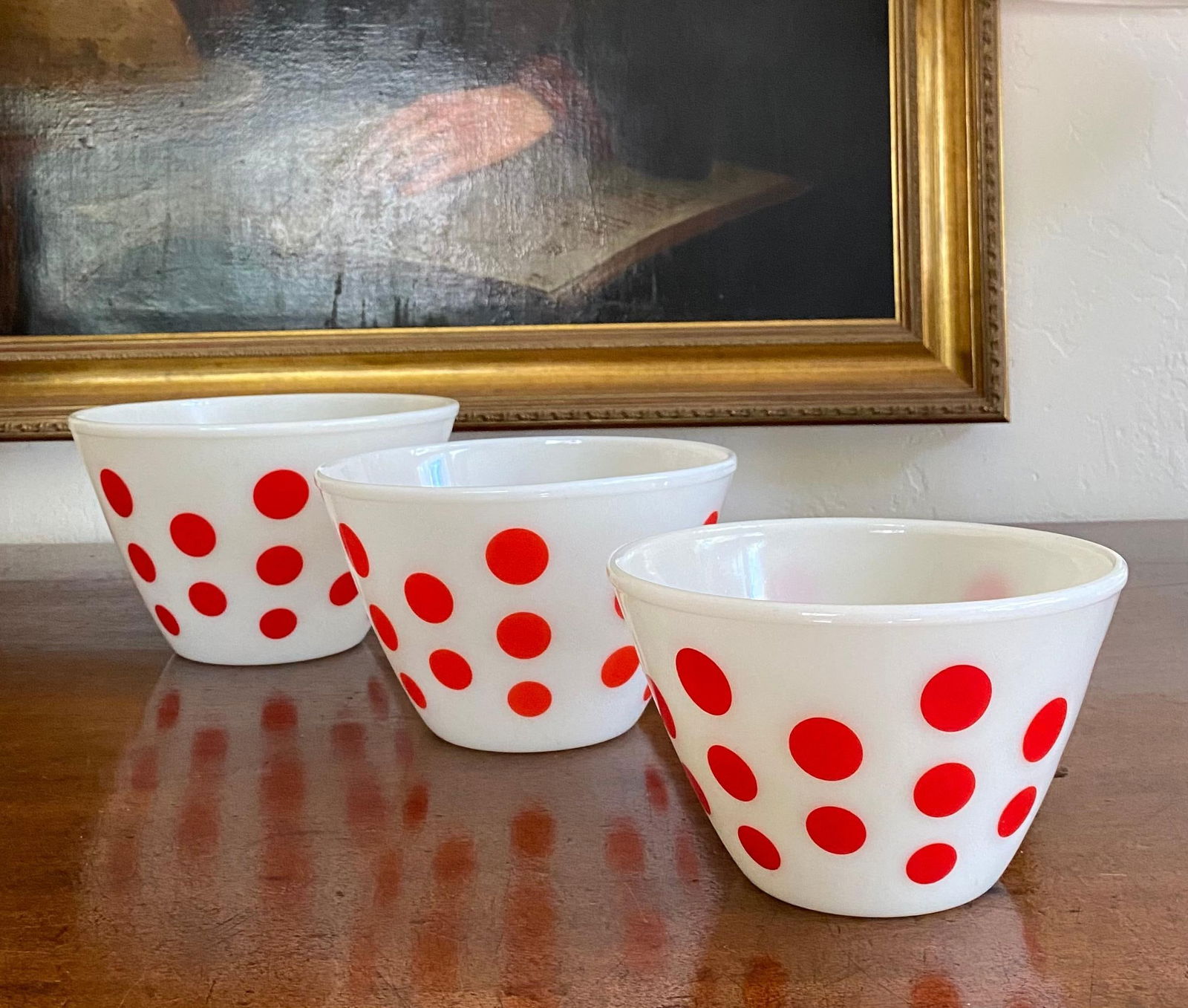 Set of 3 Mid Century Pyrex Glass Bowls, Fire King Brand- Red Dot decor - 7