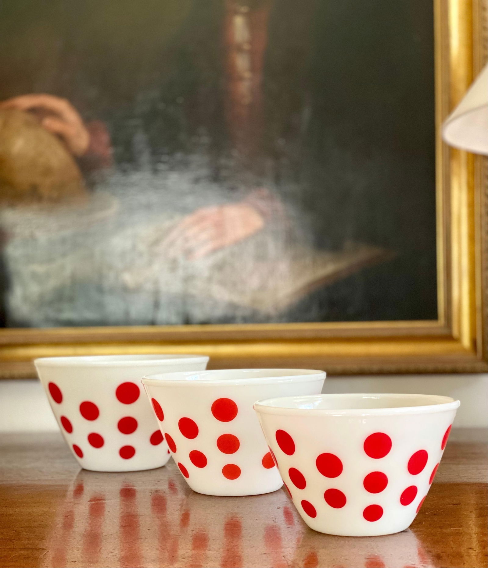 Set of 3 Mid Century Pyrex Glass Bowls, Fire King Brand- Red Dot decor - 8