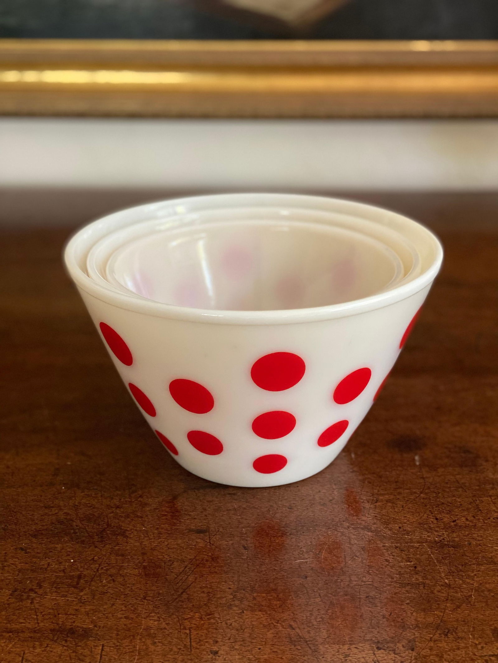 Set of 3 Mid Century Pyrex Glass Bowls, Fire King Brand- Red Dot decor - 9