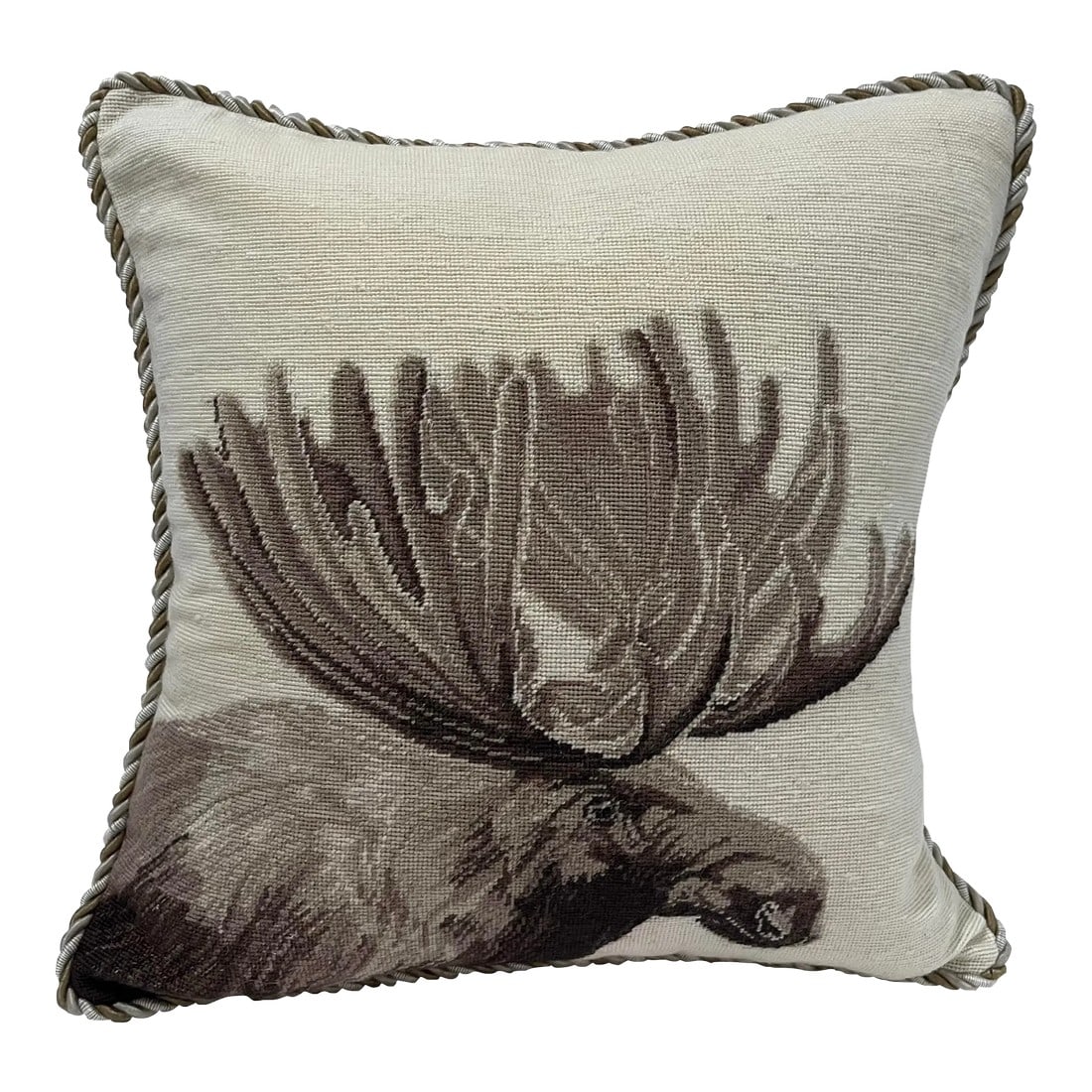 Moose Needlepoint Pillow with Braided Trim - Down/Feather Insert: What better way to go west than with this charming needlepoint pillow embellished with a noble moose. Features hand-done wool needlepoint, braided cotton trim. camel cotton velvet backing, concealed