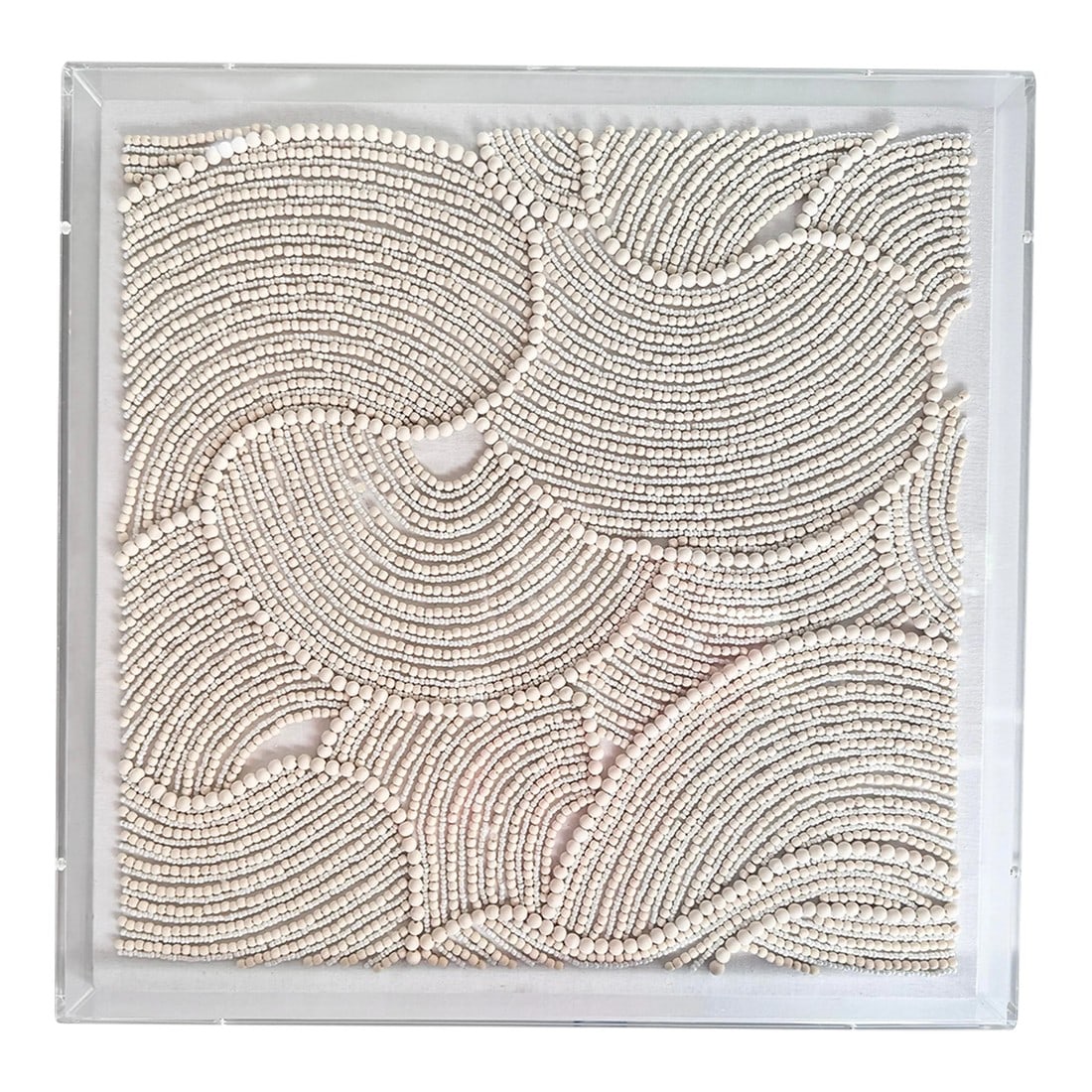 Organic Shapes in Wood Beads Linear Line Art Rheta Maeve Wall Art in Custom Acrylic Box Frame by Mad: Organic Shapes in Wood Beads Linear Line Art Rheta Maeve Wall Art in Custom Acrylic Box Frame by Made Goods Retails: $1910, plus tax and shipping Gust-like swirls of wood and glass beads give our