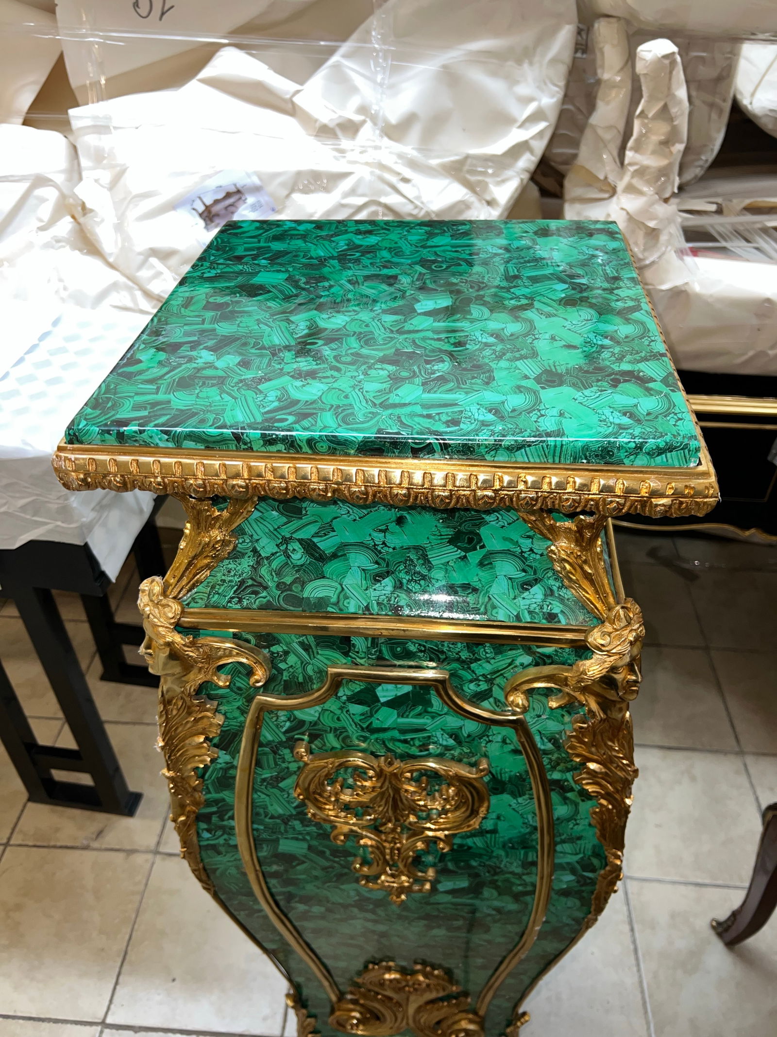 Vintage Faux Malachite Wood Pedestal - 2