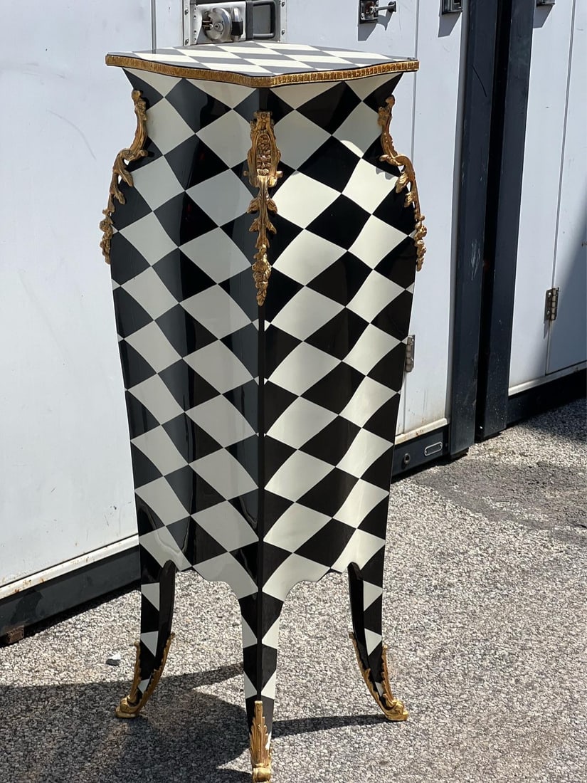 1960s Louis XV Style Pedestal Stand Column Black and White Checkered Patterns - 2