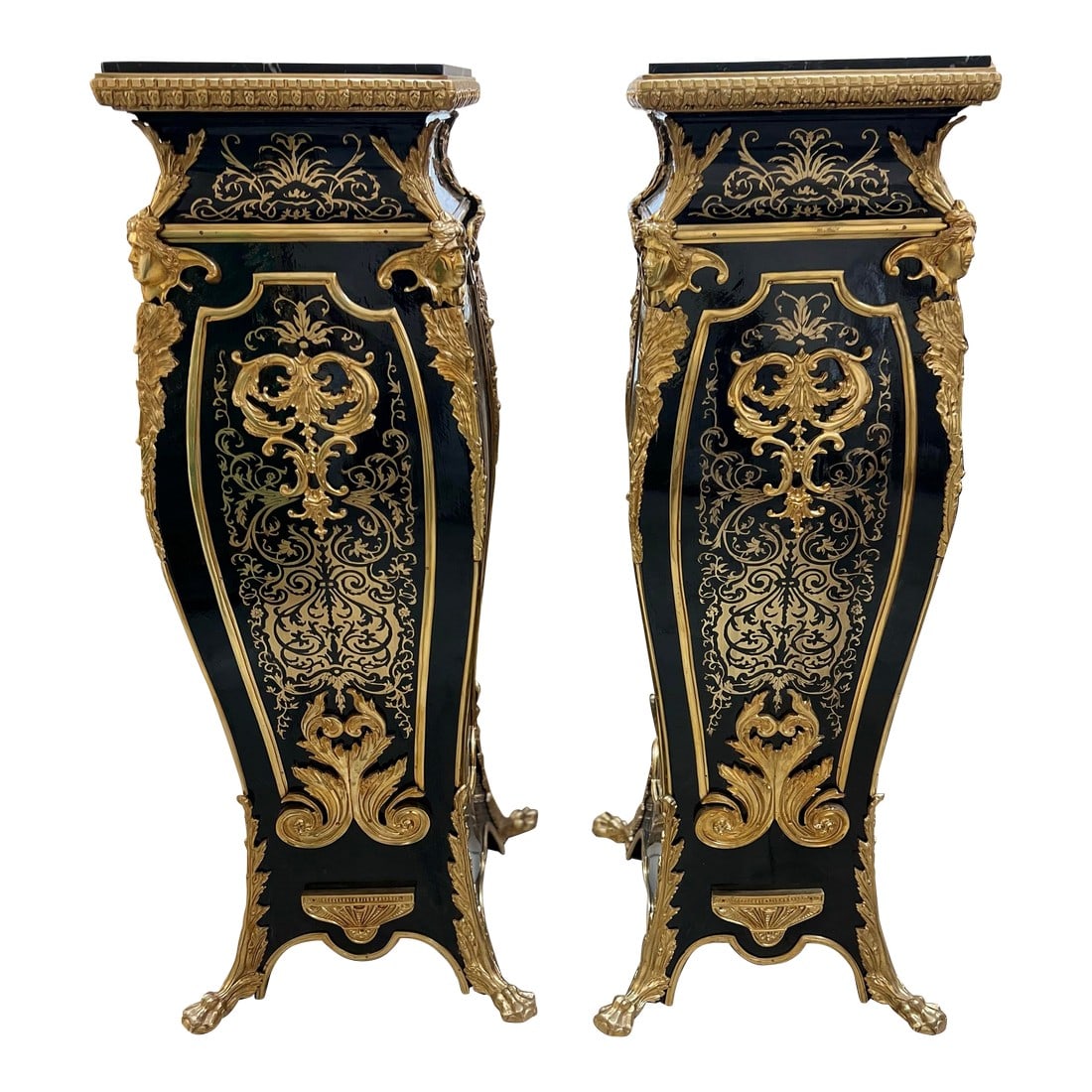 Pair of 1960s Louis XV Boulle Pedestal Table Stands French Inlay Black Italian Marble Top (1 of 8)