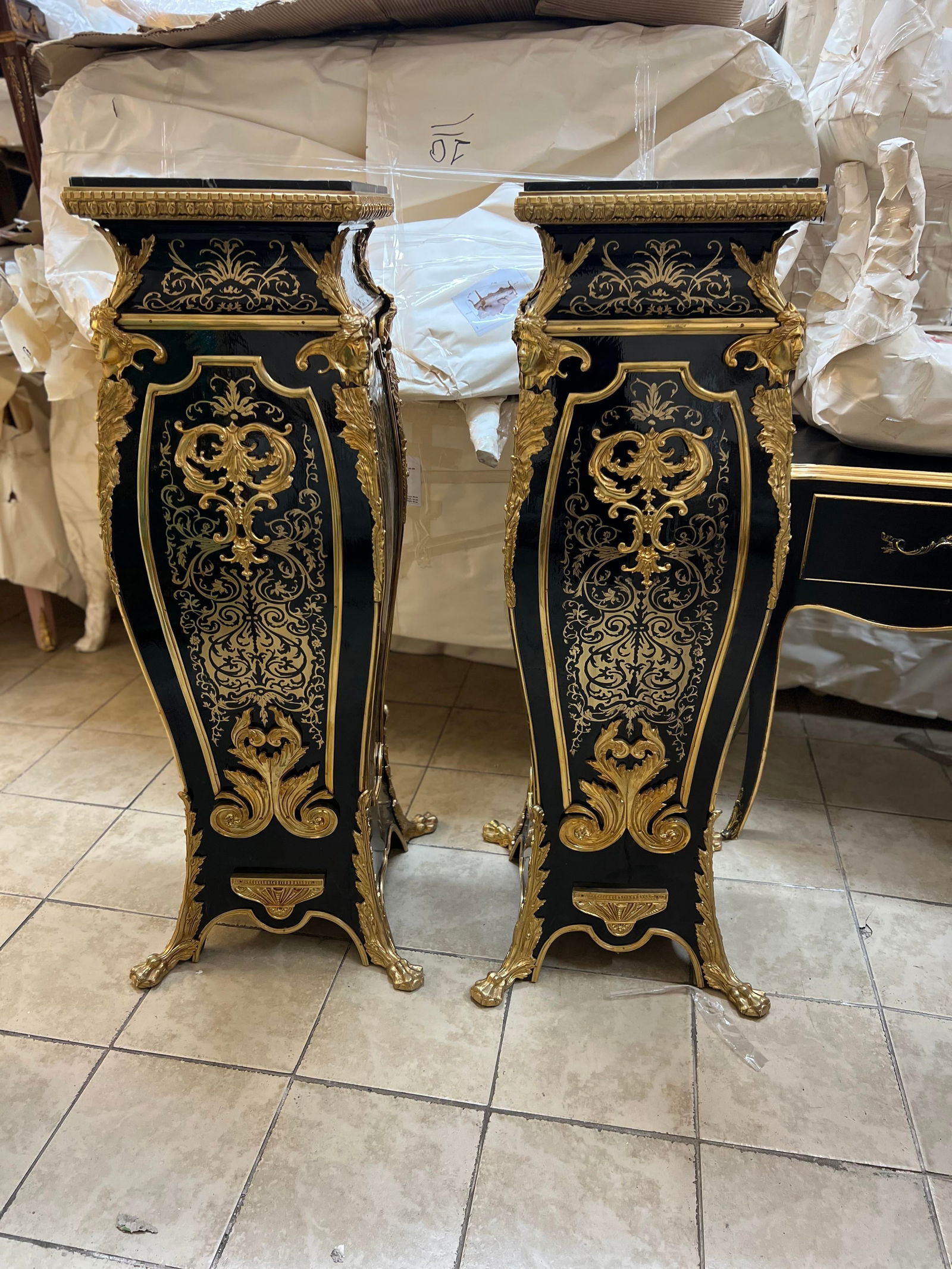 Pair of 1960s Louis XV Boulle Pedestal Table Stands French Inlay Black Italian Marble Top - 5