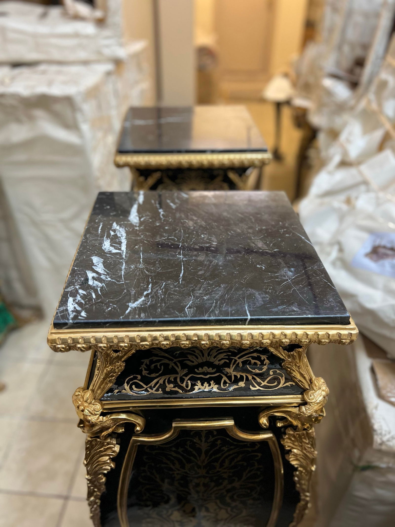 Pair of 1960s Louis XV Boulle Pedestal Table Stands French Inlay Black Italian Marble Top - 6