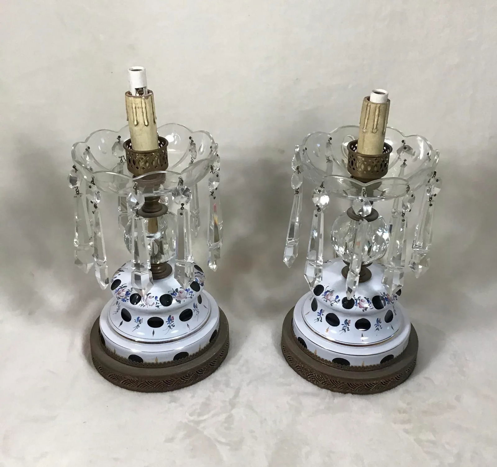 Antique 1920s Vintage Bohemian Cased Glass & Crystal Electric Table Lamps - a Pair - 13