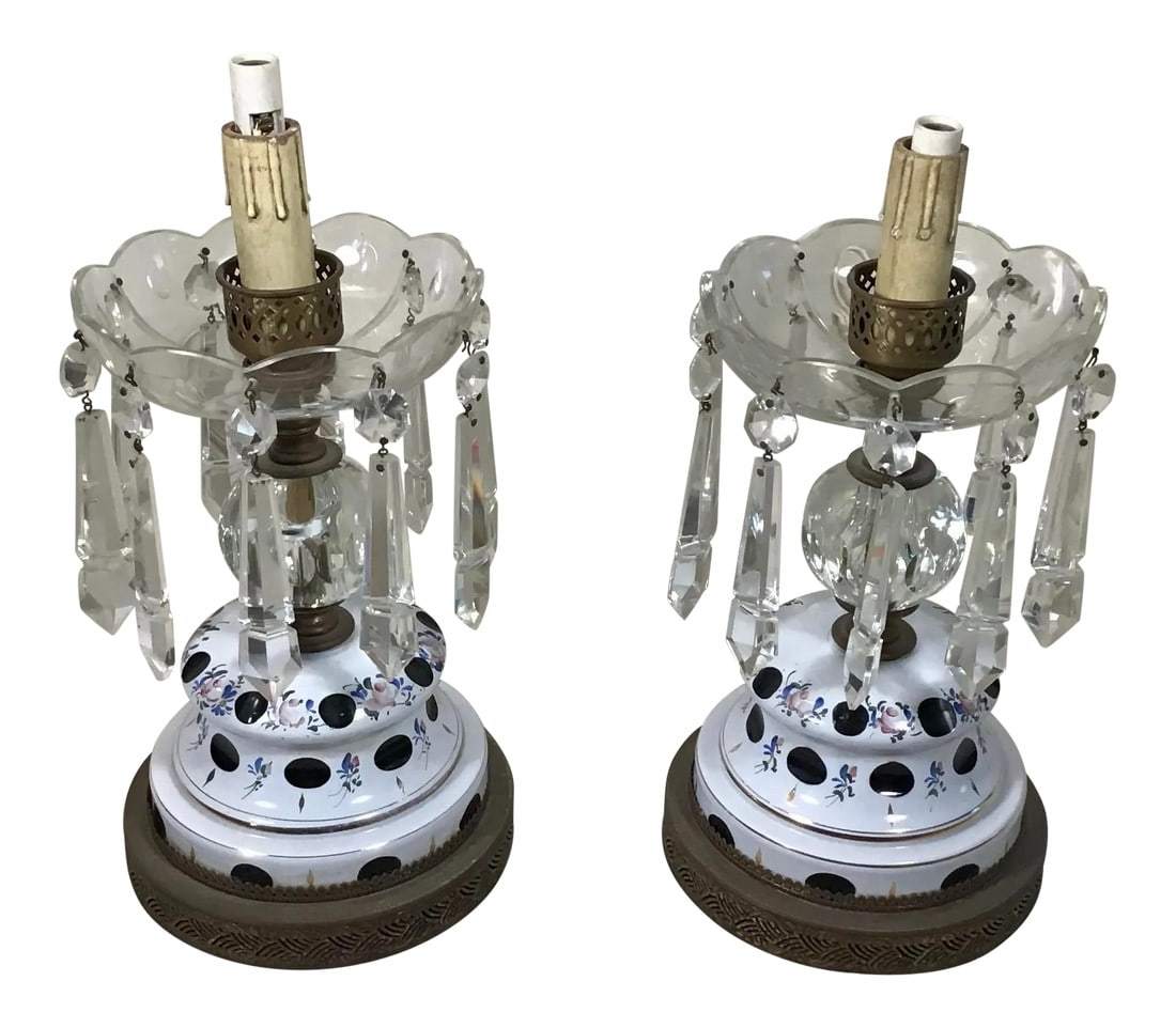 Antique 1920s Vintage Bohemian Cased Glass & Crystal Electric Table Lamps - a Pair: Set of 2 antique cased blue bohemian glass lustre lamps with fancy crystal prisms. Matching lamps with a hurricane or lantern cuffs. These wonderful lamps have beautiful hand-painted floral accents, g