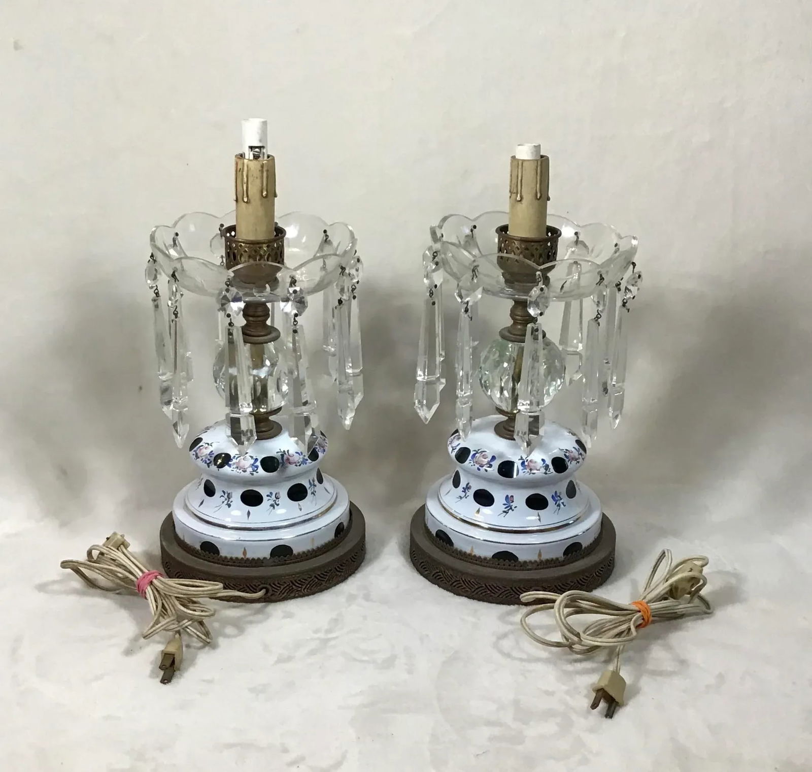 Antique 1920s Vintage Bohemian Cased Glass & Crystal Electric Table Lamps - a Pair - 2