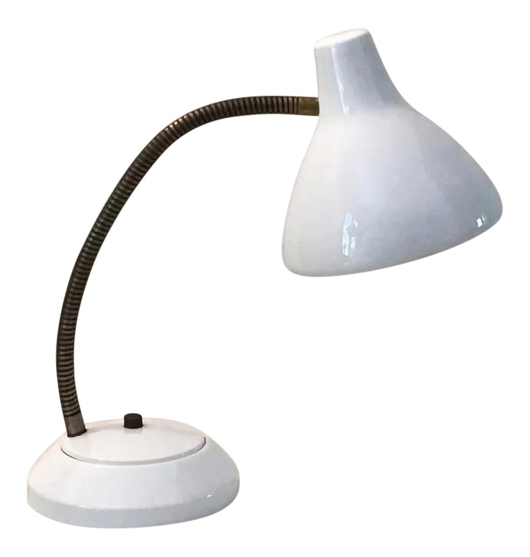 1950s Mid-Century Industrial White Metal Desk Lamp: Original metal Industrial table lamp with bendable brass gooseneck made in the late 1950's early 60's. Recently restored with white harden enamel, great feel to the touch. Metal base with push and