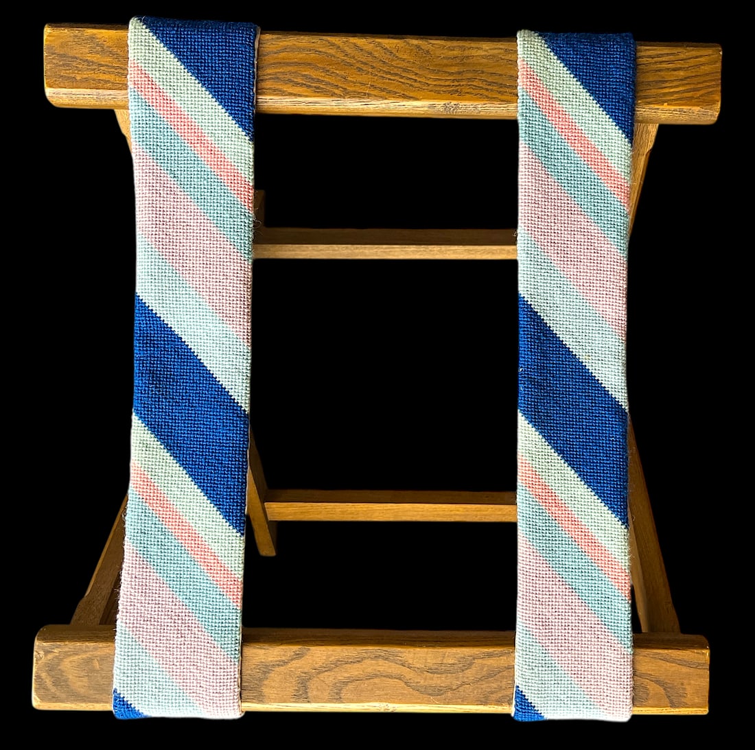1980s Vintage Striped Needle Point Wooden Luggage Rack - 3