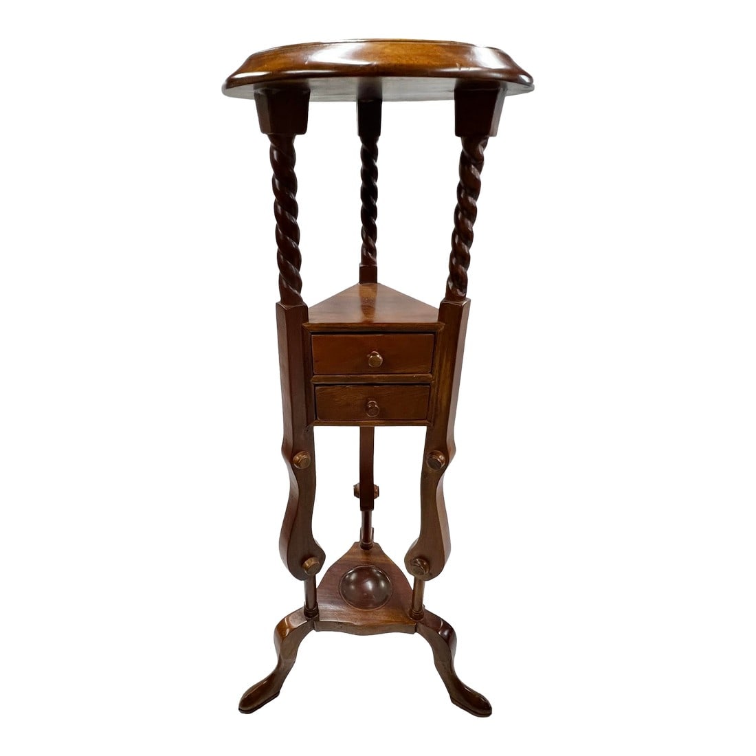 Vintage Barley Twist Mahogany Wig, Pedestal, Plant Stand: Vintage mahogany barley twist wig, pedestal, plant stand with two triangle drawers all held by a triangular footed base. Condition: Alterations: Original Condition Unaltered Imperfections: Some