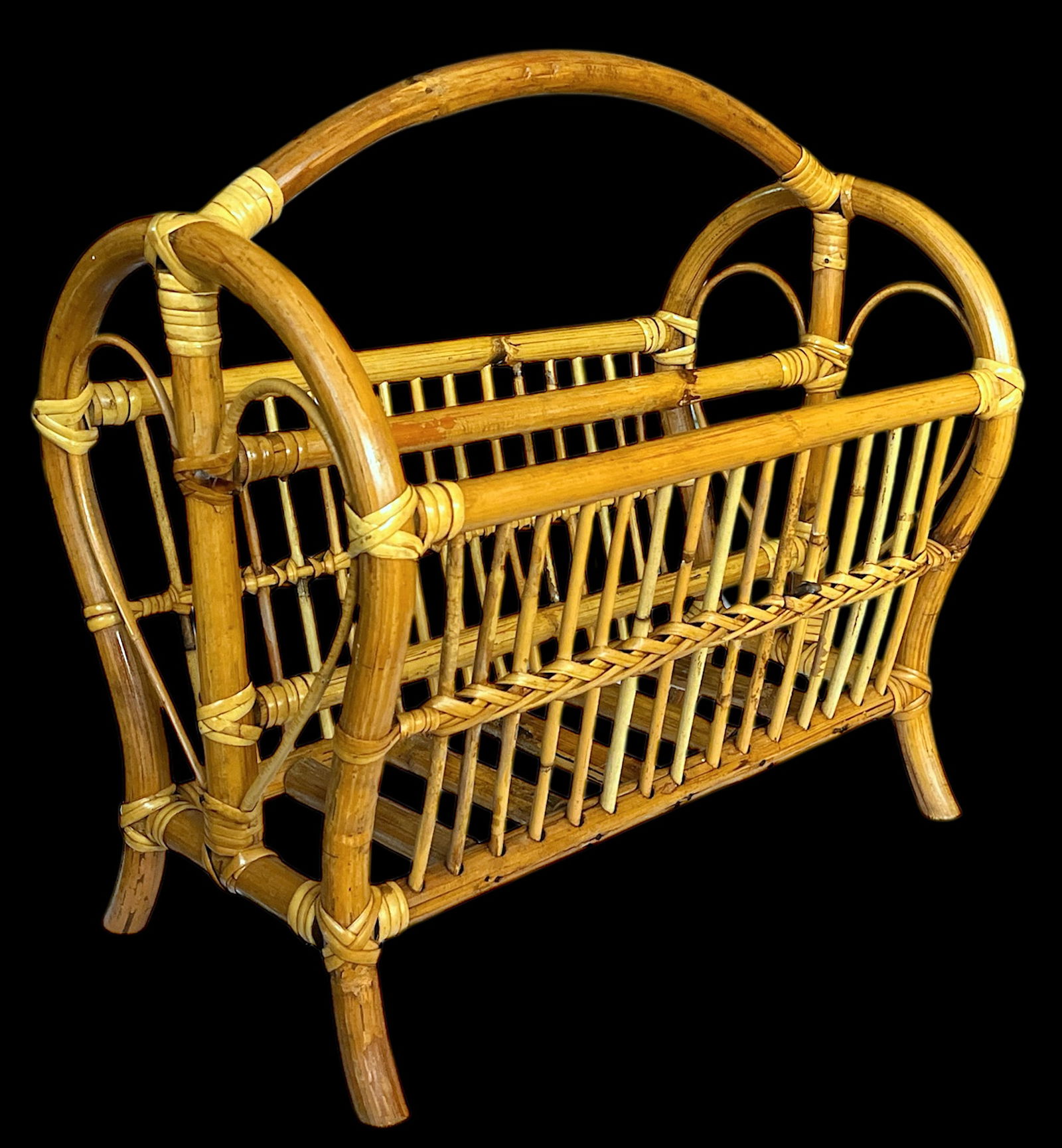 1970s Large Mid-Century Bamboo Bentwood Rattan and Leather Magazine Rack - 2