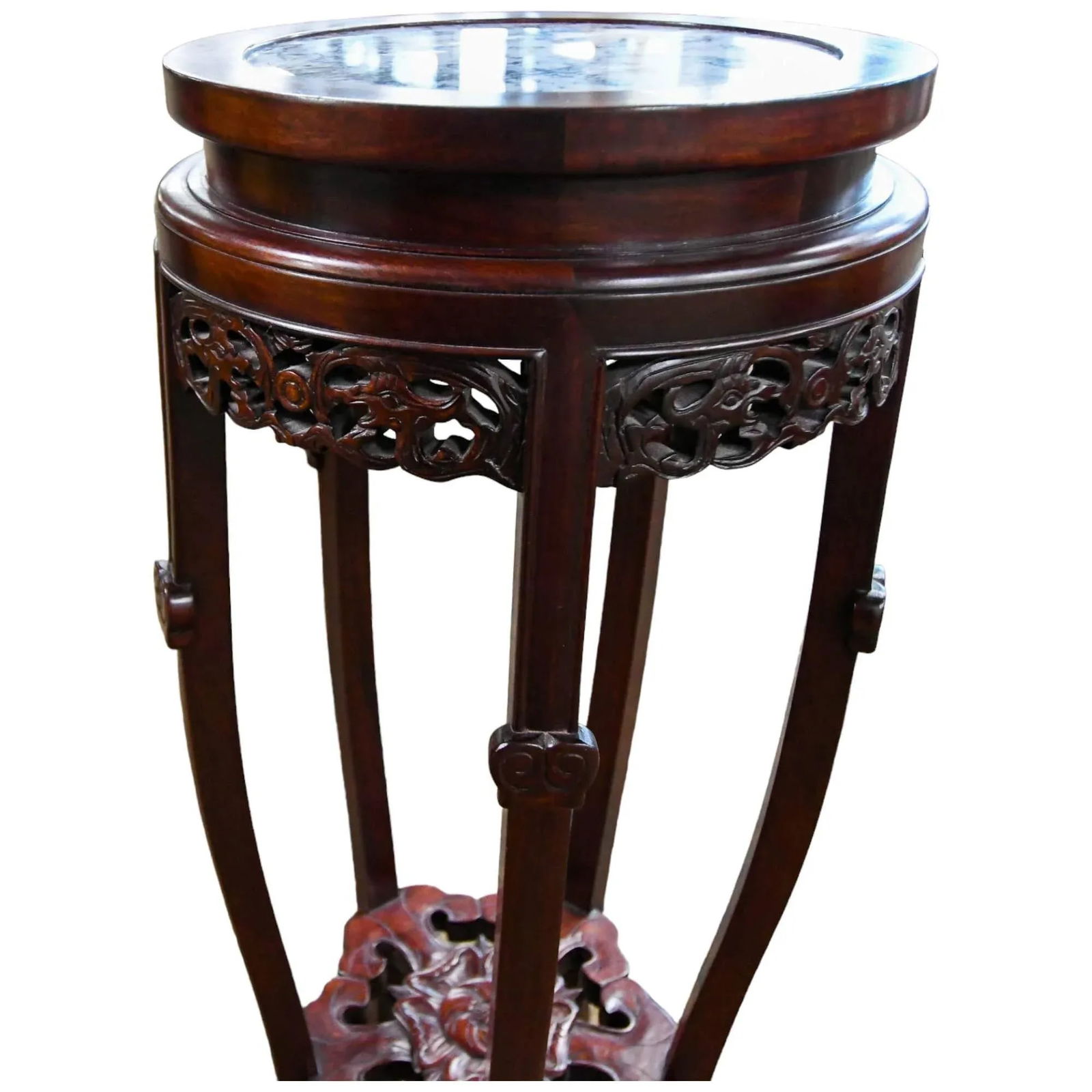 Late 20th Century Chinese Dark Rosewood Carved Marble Top Stand - 2