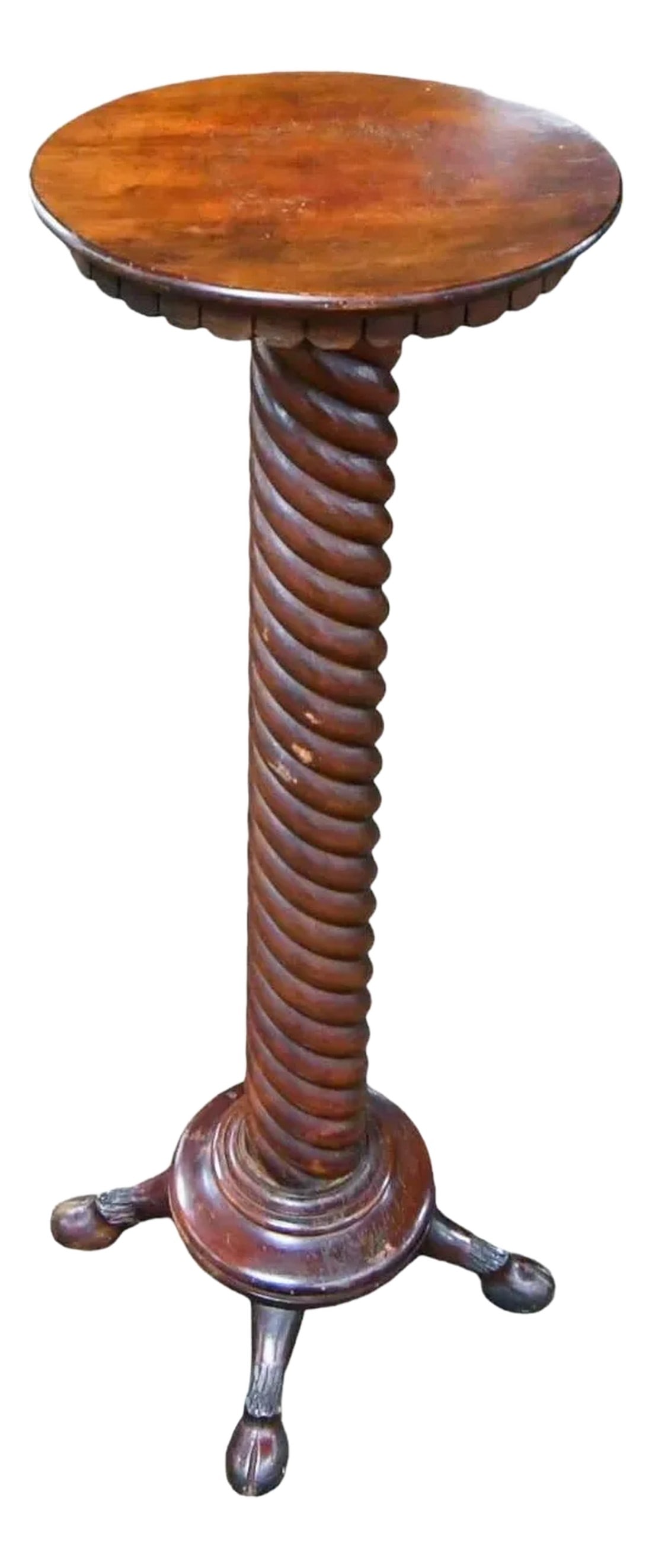 Antique Victorian Barley-Twist Torchère Pedestal Table With Cloven Feet: Our Antique Victorian Barley-Twist Torchère Pedestal Table showcases the timeless elegance and craftsmanship of the Victorian era. Traditionally used to hold a candelabrum or torch, a